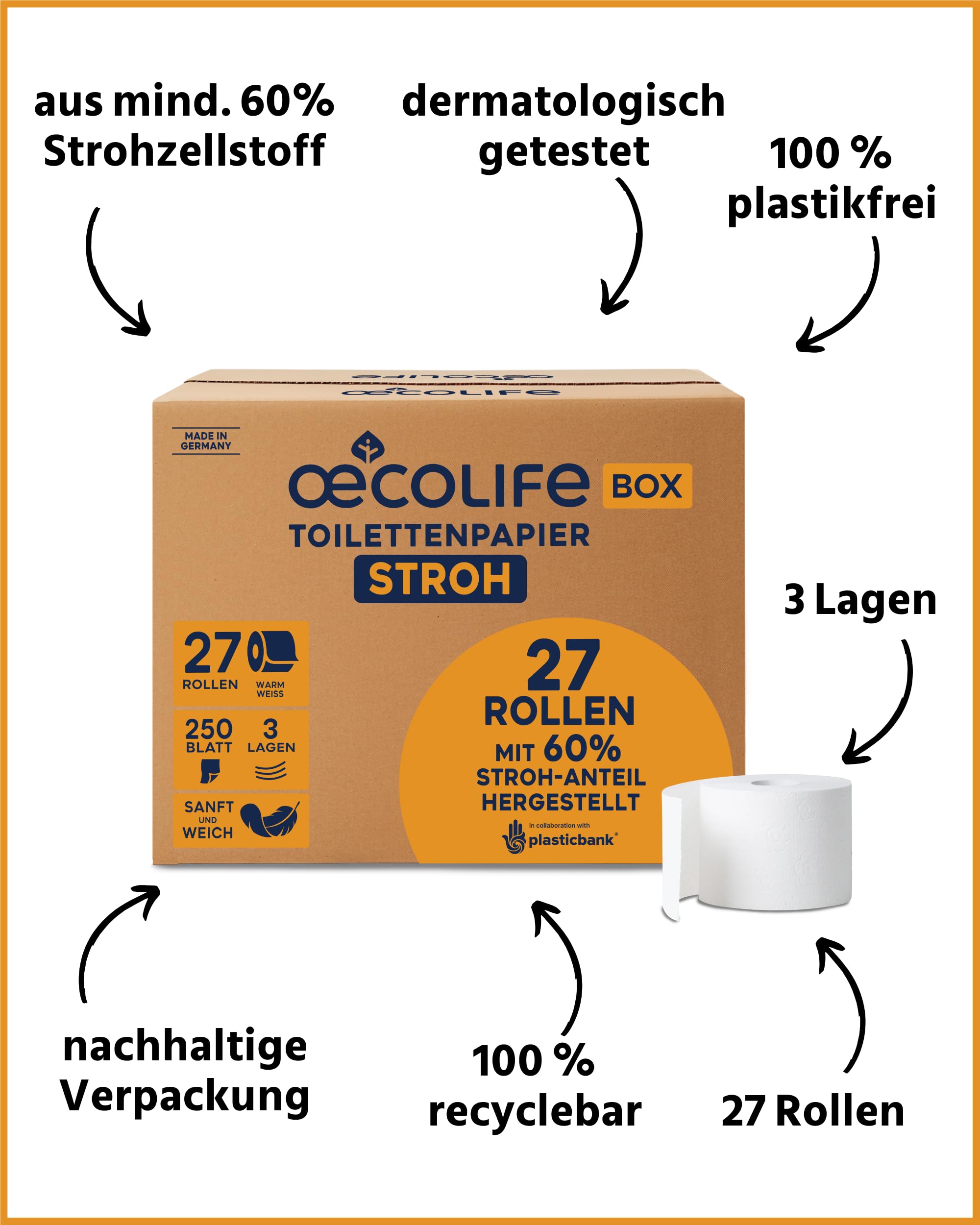 oecolife Toilettenpapier Box STROH, 3-lagig, 27 Rollen á 250 Blatt, Großpackung, superweich, plastikfrei verpackt, vegan, nachhaltiges Klopapier