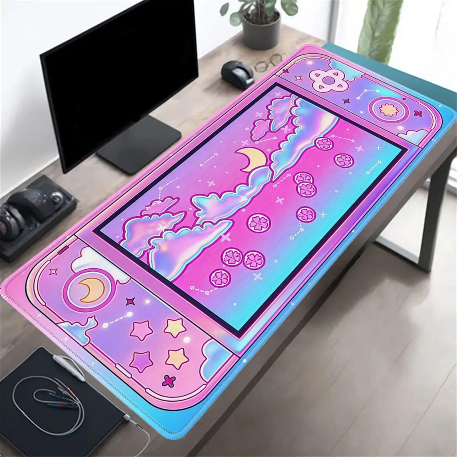 Alfombrilla de Ratón XXL 1000x500x3mm, Alfombrilla de Escritorio Grande Luna Rosa, Mouse Pad Gaming Antideslizante con Bordes Cosidos para Teclado, PC y Oficina
