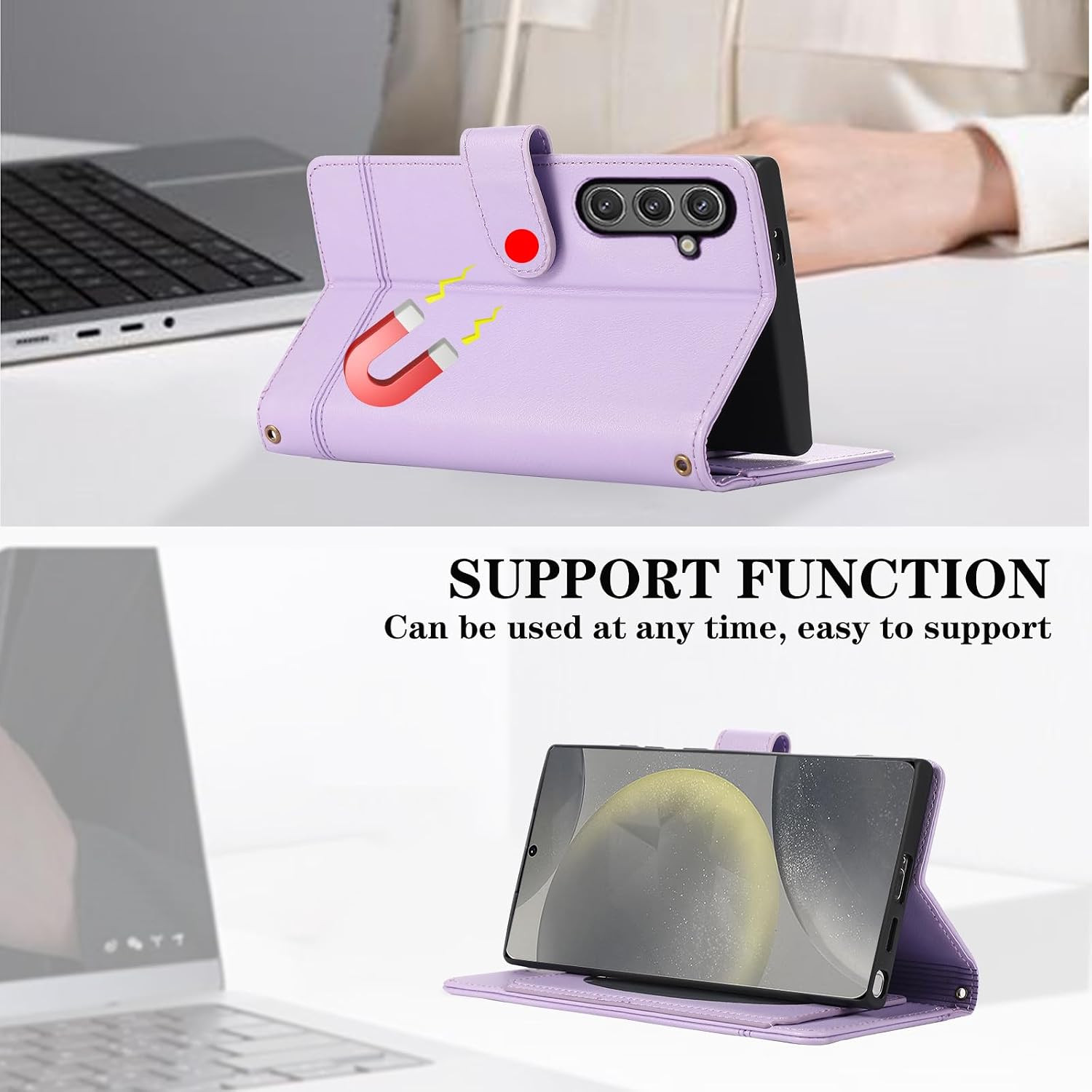 Compatible with Samsung Galaxy S25 FE 5G Wallet Case Wrist Strap Crossbody Strap, Mirror PU Leather Flip Credit Card Holder Stand Cell Phone Cover for S 25 EF S25FE 25S 25FE Women Men Purple