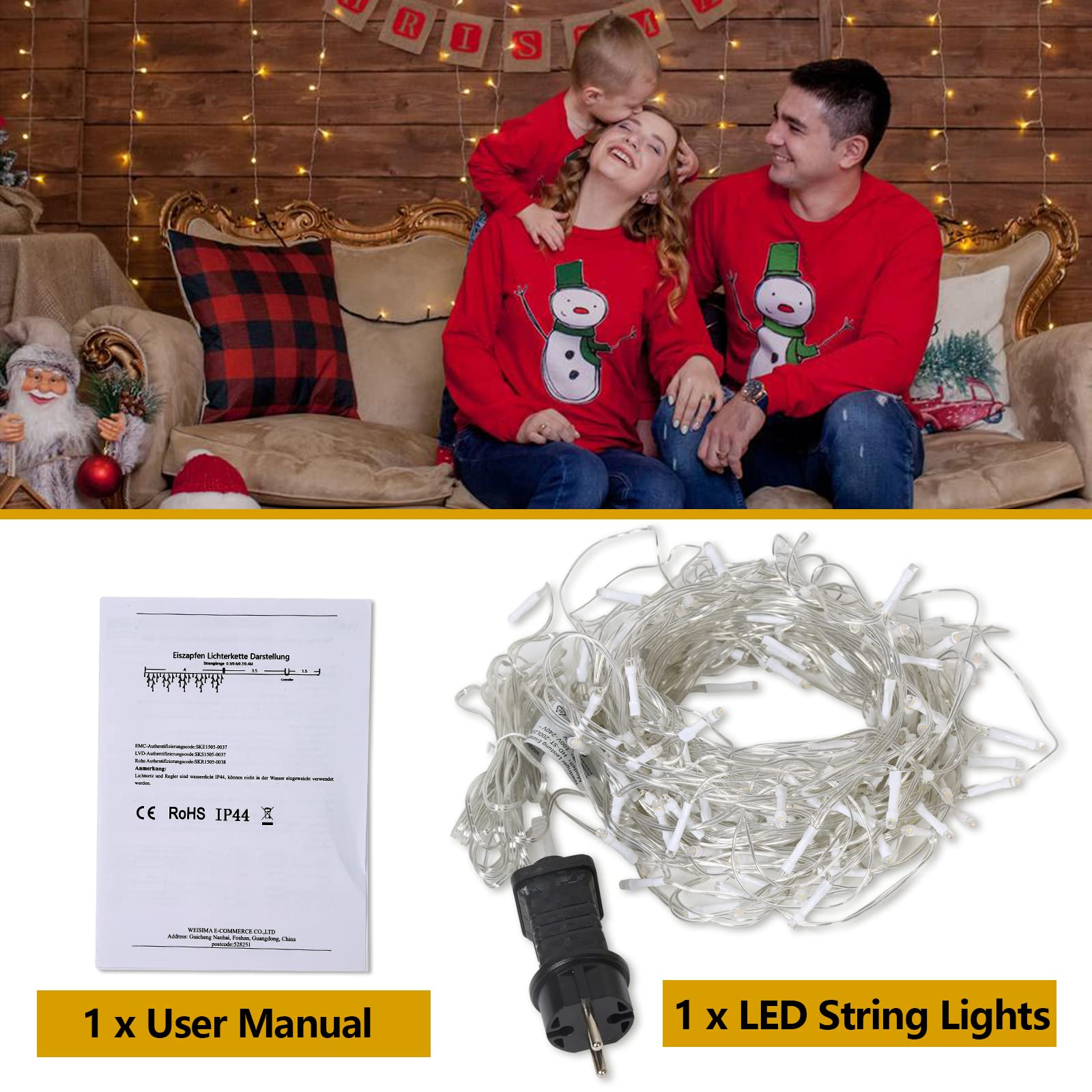 Ikodm Łańcuch świetlny na zewnątrz, 400 diod LED, kurtyna świetlna, 10 m, IP44, 8 trybów pracy, do sypialni, na wesele, Boże Narodzenie, imprezę, ciepła biel