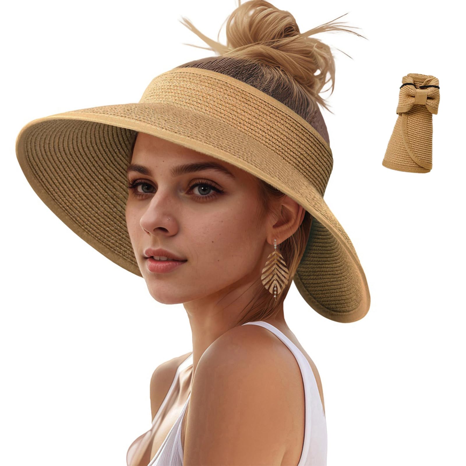 Sun Hats Visor for Women, UV UPF Straw Beach Hat Foldable Wide Brim Ponytail Summer Hats Packable Travel