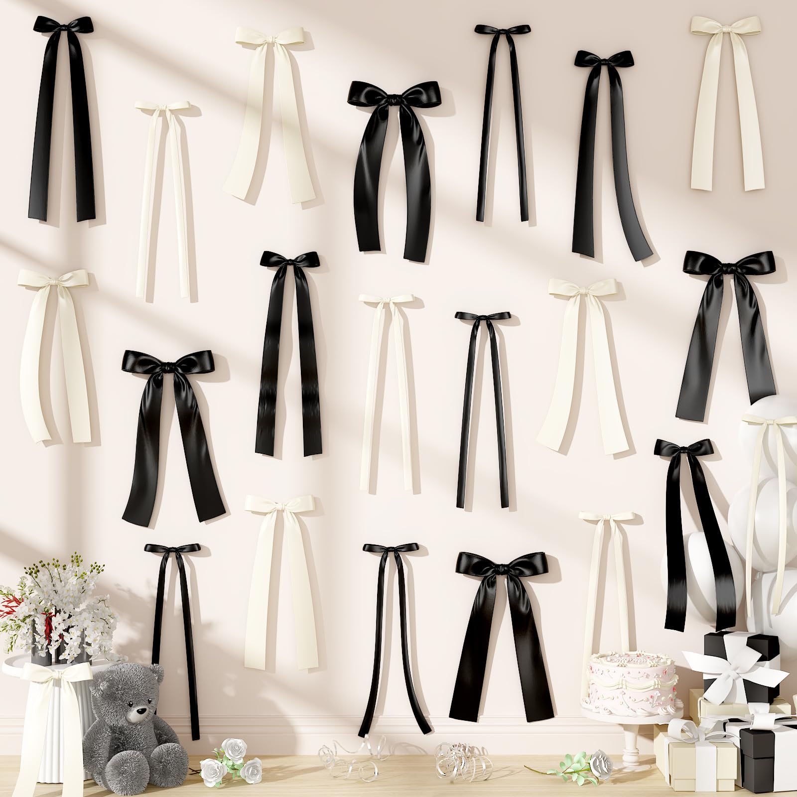 Black and White Bow Birthday Decoration 40Pcs Ribbon Bow Wall Wedding Decor — image 1