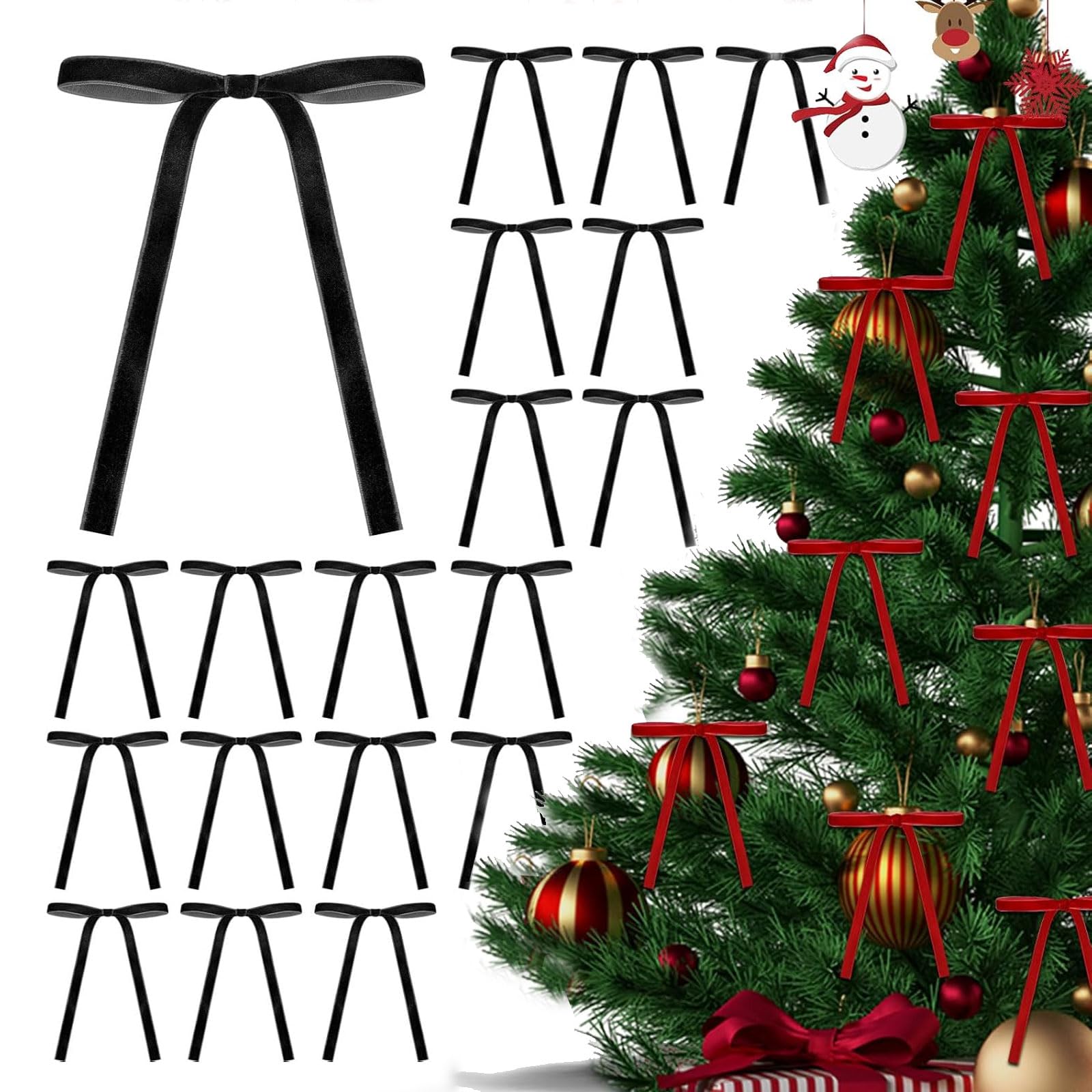 Lot de 24 nœuds de Noël en velours pour sapin de Noël, travaux manuels, cadeaux, décoration d'intérieur, mariage, extérieur et intérieur (noir