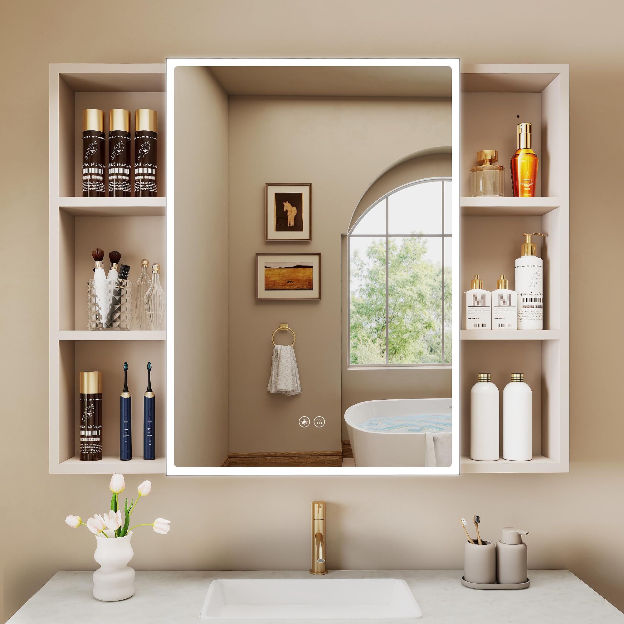 S'bagno Armario con espejo para baño con iluminación, 90 x 70 cm, armario con espejo para cuarto de baño, armario empotrado de aluminio, 3 colores, regulable, función de memoria, vidrio templado HD
