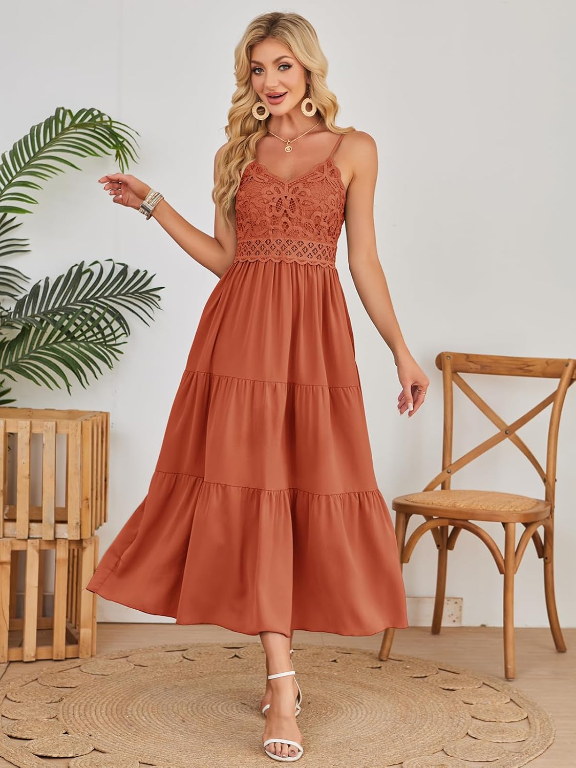 Dokuritu Women's Beach Crochet Lace Maxi Dress Solid Color Summer Vacation Spaghetti Strap Long Dress 2026(Brickred-Pocket,Small) - Image 3