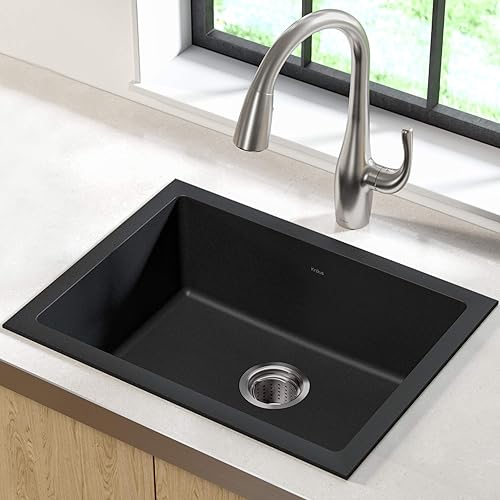Miniatura 3 de Kraus KGD-410B - Fregadero de cocina de granito ónix negro de 24 25 pulgadas de montaje doble y colador de fregadero de cocina PST1-BL, color negro