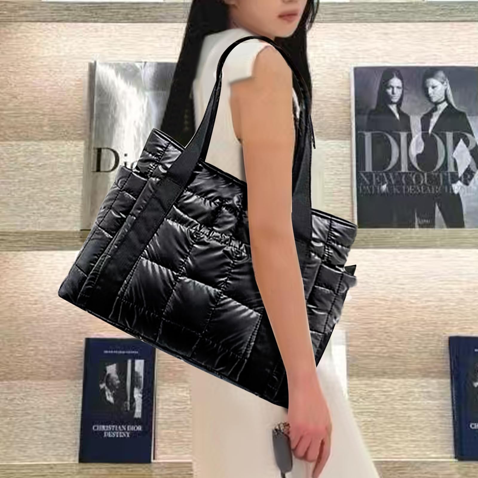 ATQCOL Puffer Tote Bag, Quilted Puffy Crossbody Bag, Top-Handle Shoulder Bags Nylon Travel Handbags with water bottle pocket