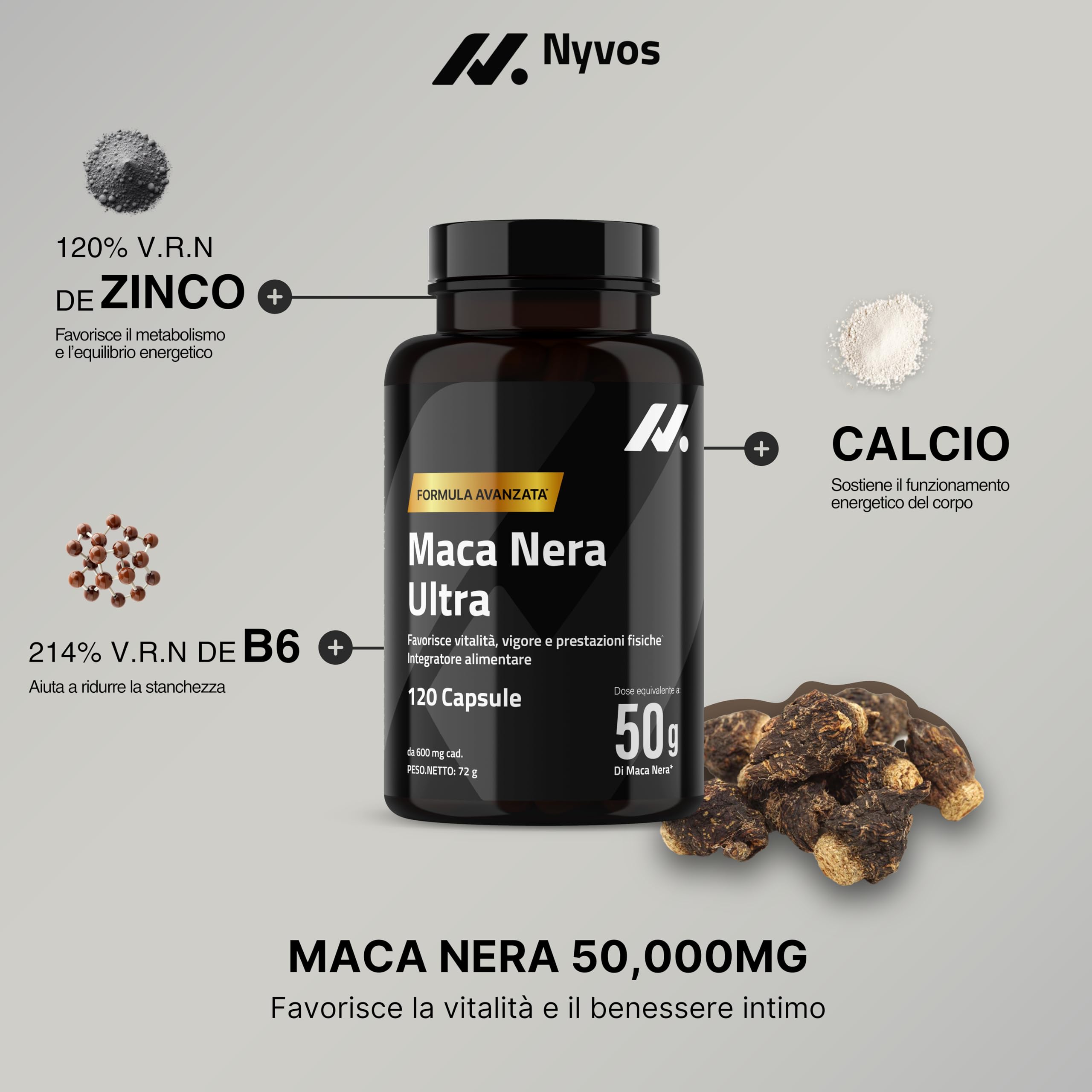 Maca Nera Extra Forte 50.000 mg 100:1 – Integratore per Uomo con Maca Peruviana, Zinco e Vitamina B6 – Energia e Vitalità – Testosterone Support – 120 Capsule – Nyvos