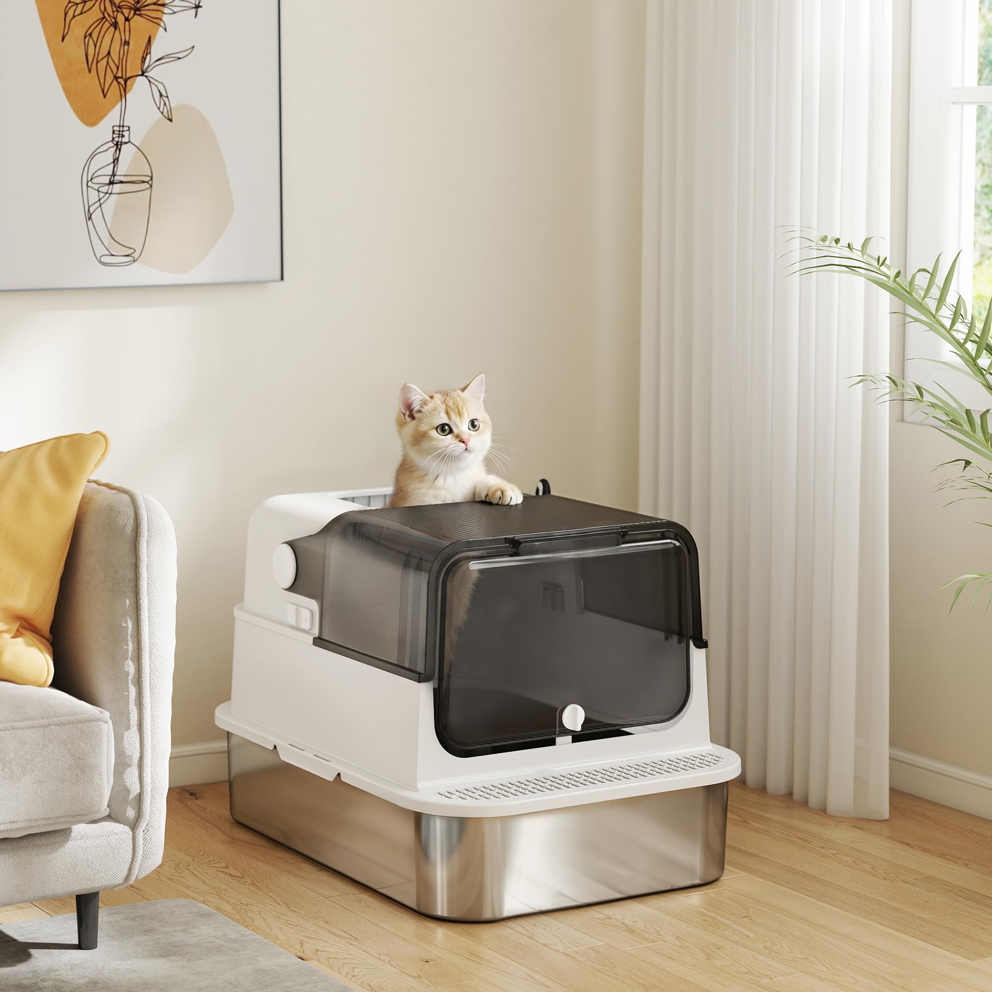 PawHut Lettiera per Gatti Chiusa XXL 20 kg Apribile 90° 70x50x46.5cm Bianco | Coperchio in Acciaio Inox, Doppie Porte, Paletta, Deodorante
