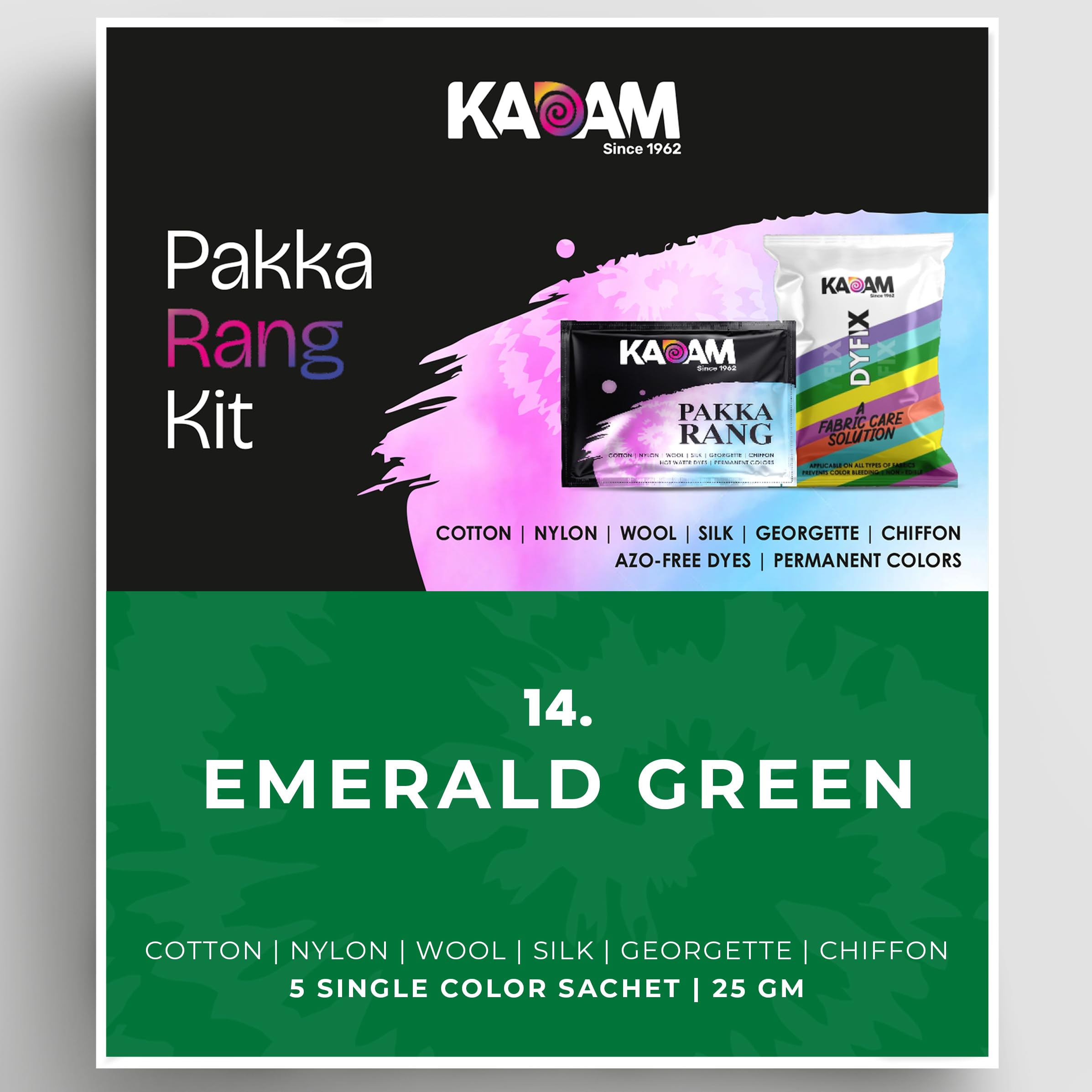 Kadam Pakka Rang Fabric Dye Colour | 25g Pack | Includes DyFix Color Fixer | Permanent Fabric Dyes for Old Faded Jeans and Clothes (Emerald Green)