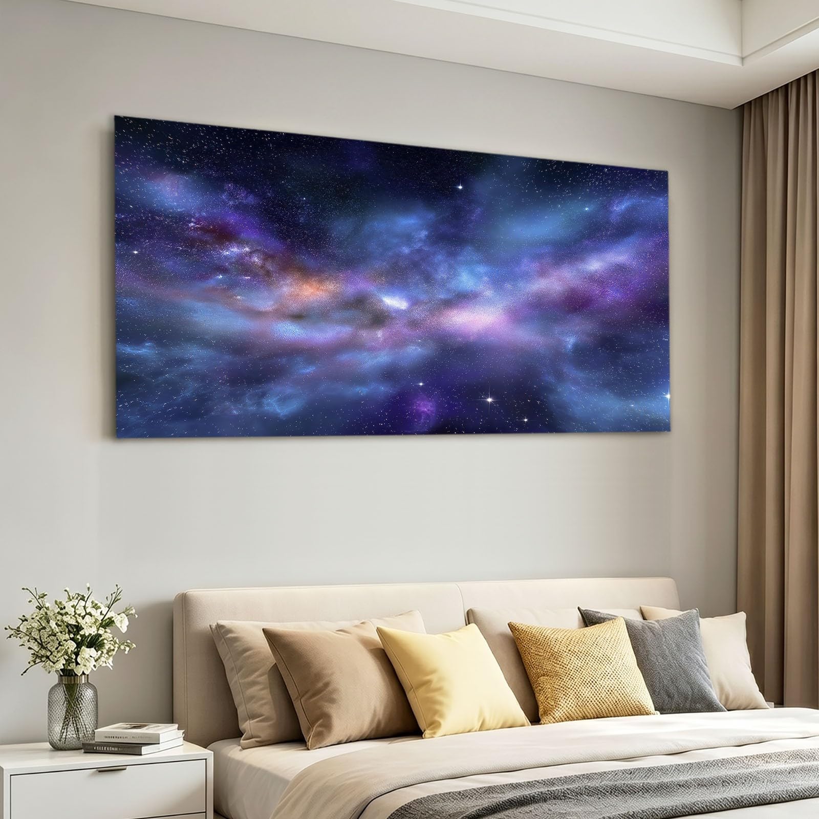 Dekoracja ścienna Przestrzeń Wszechświat - Obraz na płótnie z drewnianą ramą 100 x 70 cm, Mgławica Droga Mleczna Gwiaździste niebo - Pozioma dekoracja ścienna do salonu, sypialni, kuchni