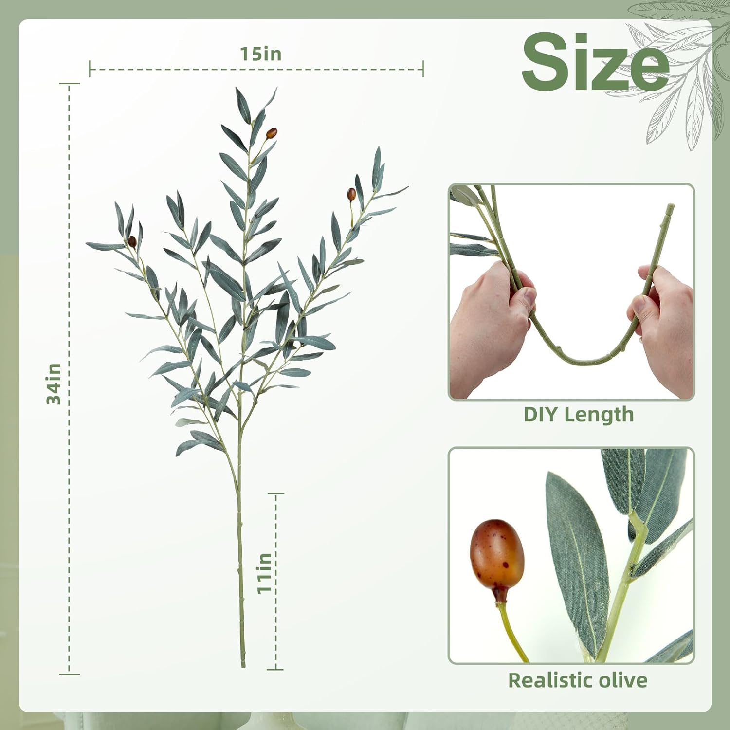 35inch Artificial Olive Branches for Vases,4pcs Bendable Faux Olive Branches with Fruits,Greenery Stems for Living Room Home Decor,Coffee Table Decor(Vase Not Included)