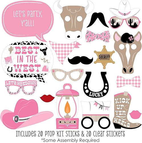 Miniatura 2 de Big Dot of Happiness Pink Western Hoedown - Kit de accesorios para cabina de fotos para fiesta de caballo vaquera, 20 unidades