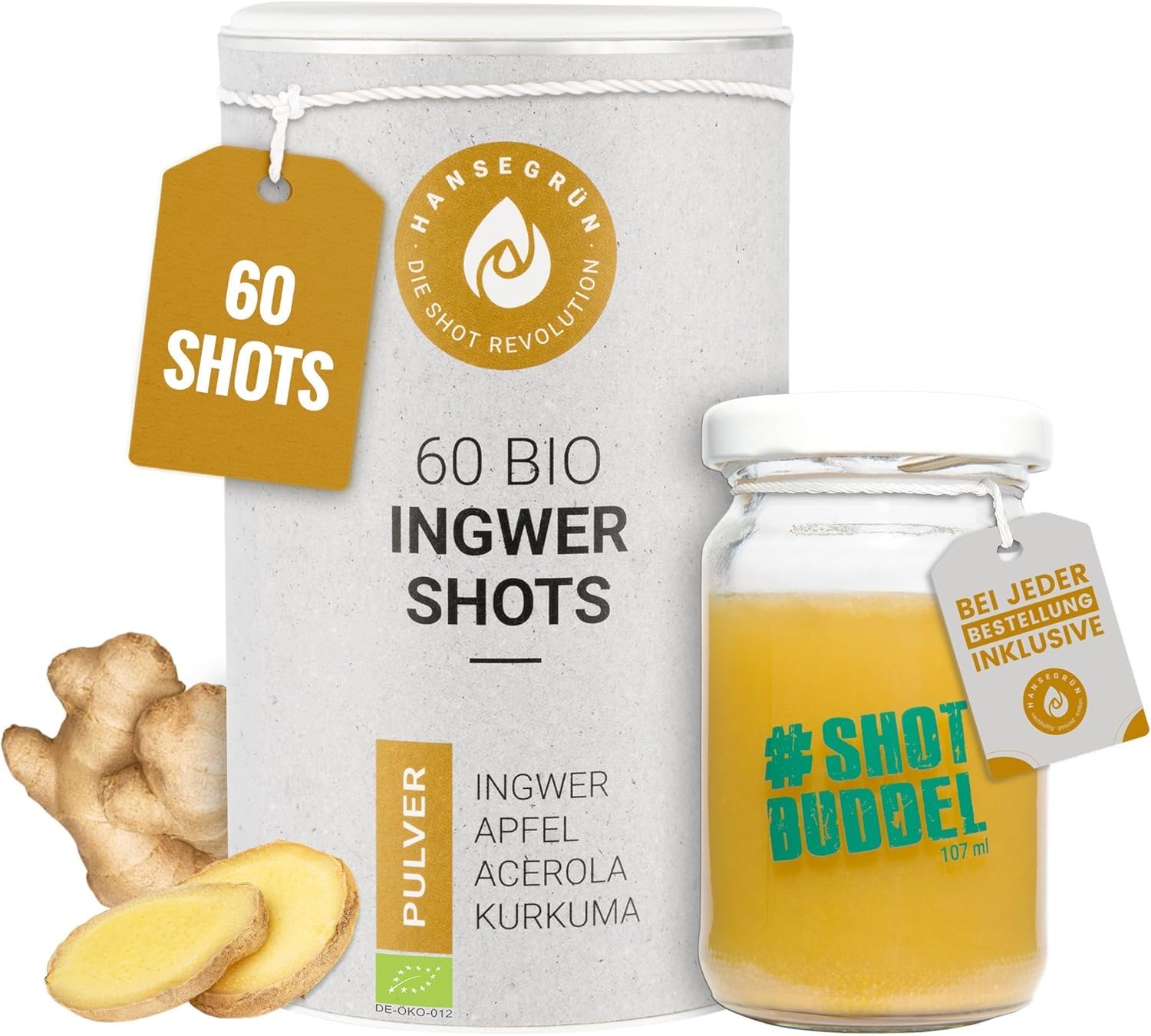 Hansegrün - Bio Ingwer Kurkuma Shots (60 Stk.) - Veganes Superfood-Pulver für Immungsystem¹ & Energiestoffwechsel² - Kurkuma, Zitronenschale & Acerola - 100% echte Zutaten zur täglichen Zubereitung