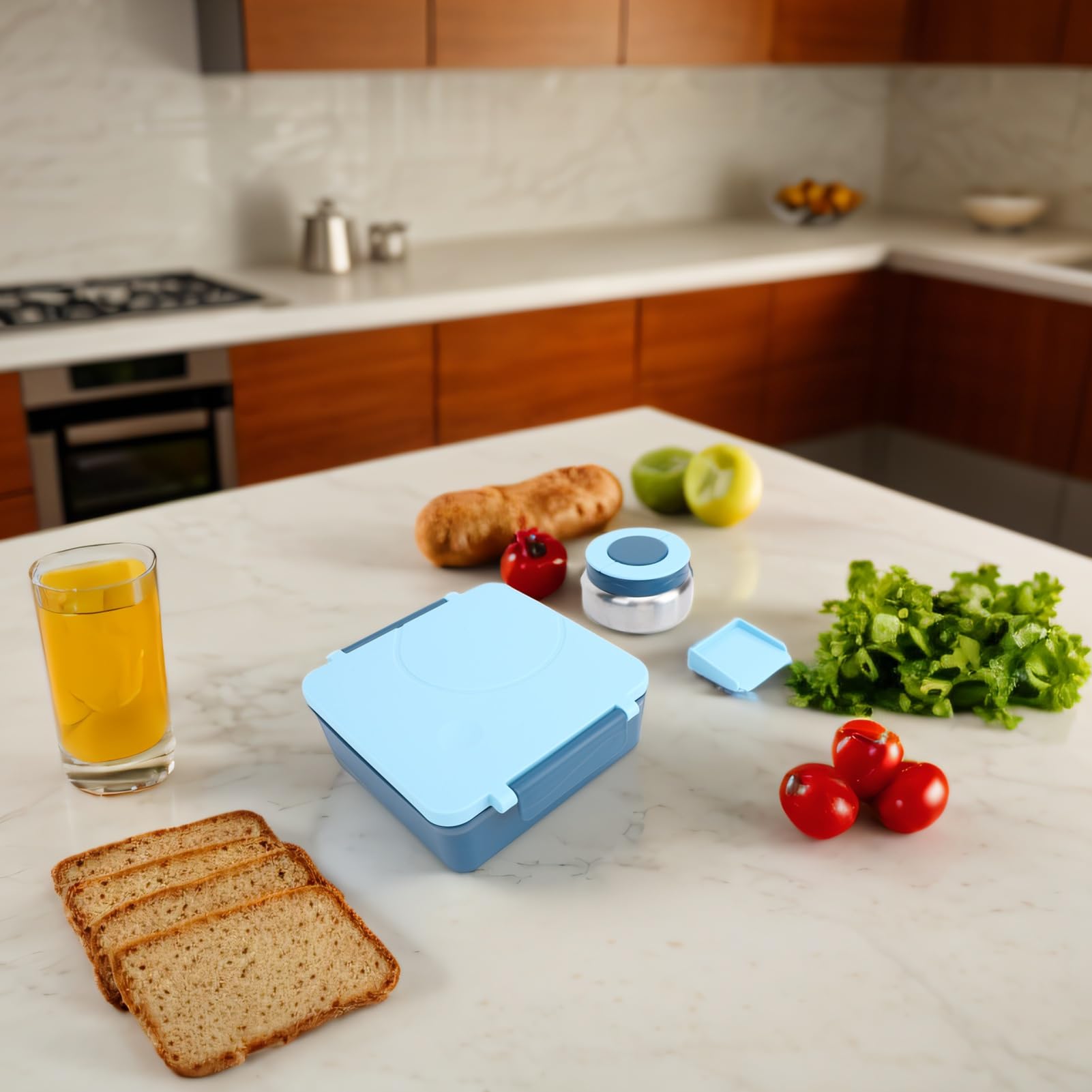 Contenedor de Almuerzo Sellado con Múltiples Compartimentos con Asa para la Escuela de Oficina, Contenedor de Lonchera de Acero Inoxidable Fácil de Limpiar para Niños y Adultos (BLUE)