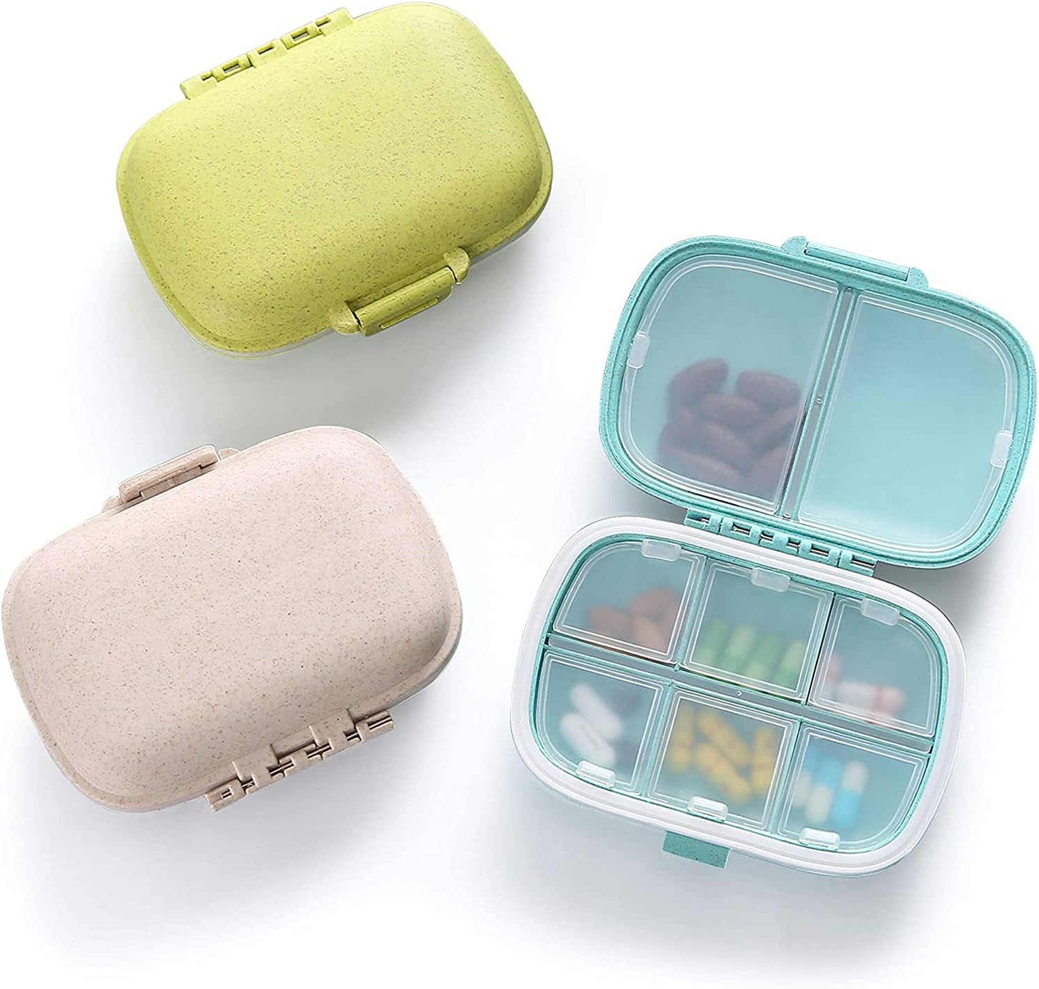 Pill Medicine Organizer Storage Box with 8 Compartments - Moisture Proof, Made of Food Grade Cereal Fiber, BPA free Wheat Straw Material, Ideal for Travel, Pocket, Purse - 1 Pc (Beige)