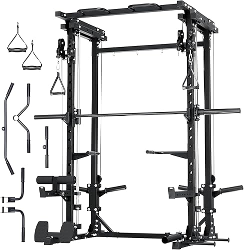 Miniatura 5 de MAJOR FITNESS Drone3 Smith Machine, 2500 libras todo en uno para gimnasio en casa con sistema de polea doble para cable cruzado, barras de dominadas
