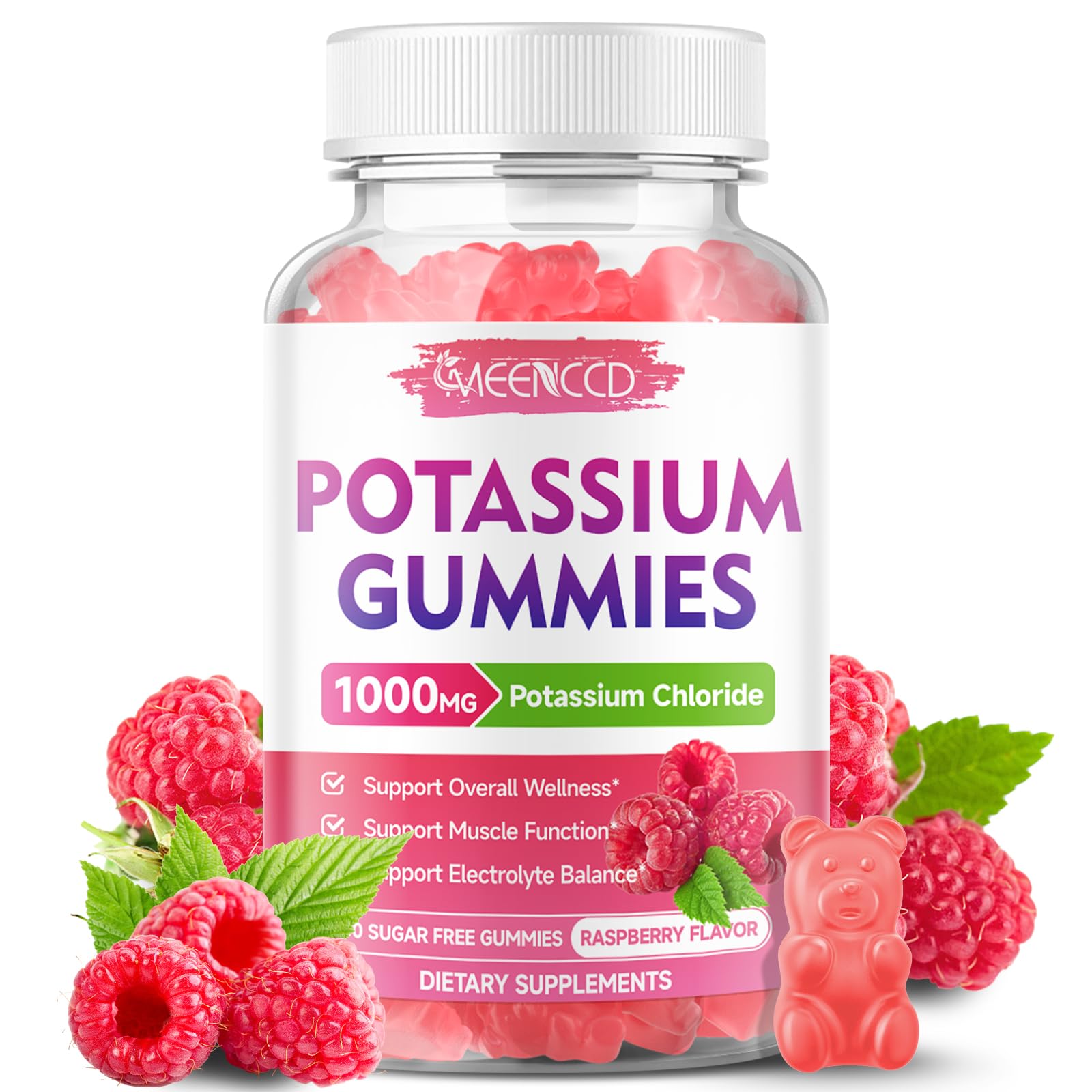 Potassium Gummies, Potassium Chloride for Adults, Sugar-Free Potassium Supplement Gummies Support Electrolyte Balance for Women & Men, Raspberry Flavor, 60 Count 60 Count (Pack of 1)