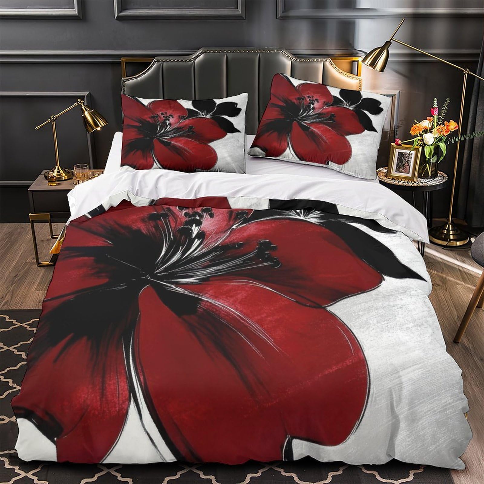 Parure de lit fleur rouge 3D avec housse de couette single 135x200cm en microfibre douce pour adulte