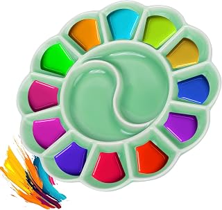 Ceramic Paint Palette with 14 Wells - Petal-Shaped Watercolor Mixing Tray for Acrylic, Oil Gouache - Easy Clean Porcelain Art Pallet, 6.3 in Durable Ceramic Painting Accessory