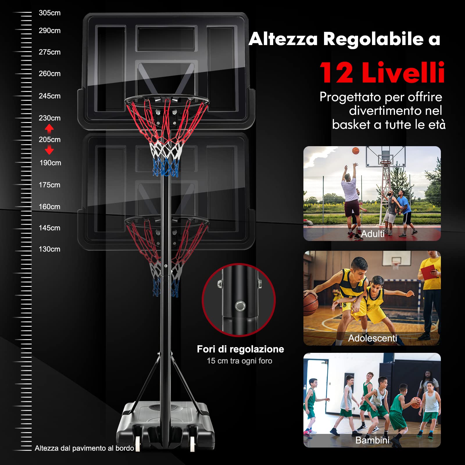 COSTWAY Canestro da Basket Regolabile in Altezza 130-305 cm, Resistente alle Intemperie con Tabellone da 110 cm, Canestro da Basket da Esterno ed Interno per Adulti e Adolescenti