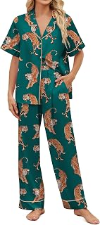 SHESHOW Satin Pajamas for Women Set Button Down Sleepwear Print Pjs Set 2 Piece Short Sleeve Long Loungewear Size XS-XXL