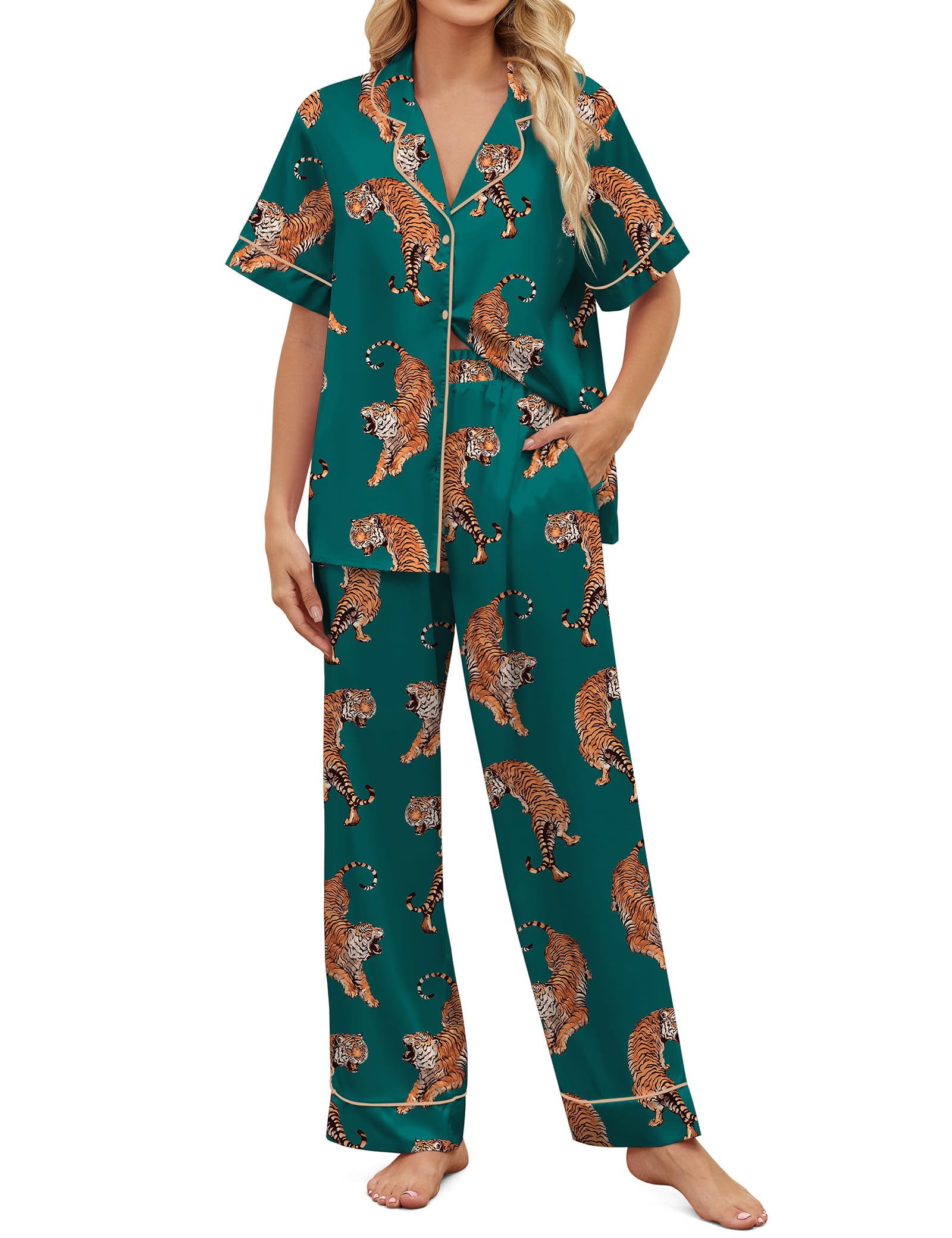 SHESHOW Silky Satin Pajama Set for Women Short Sleeve Button Down Sleepwear 2 Piece Tiger Print Pjs for Womens Pajamas Dark Green M