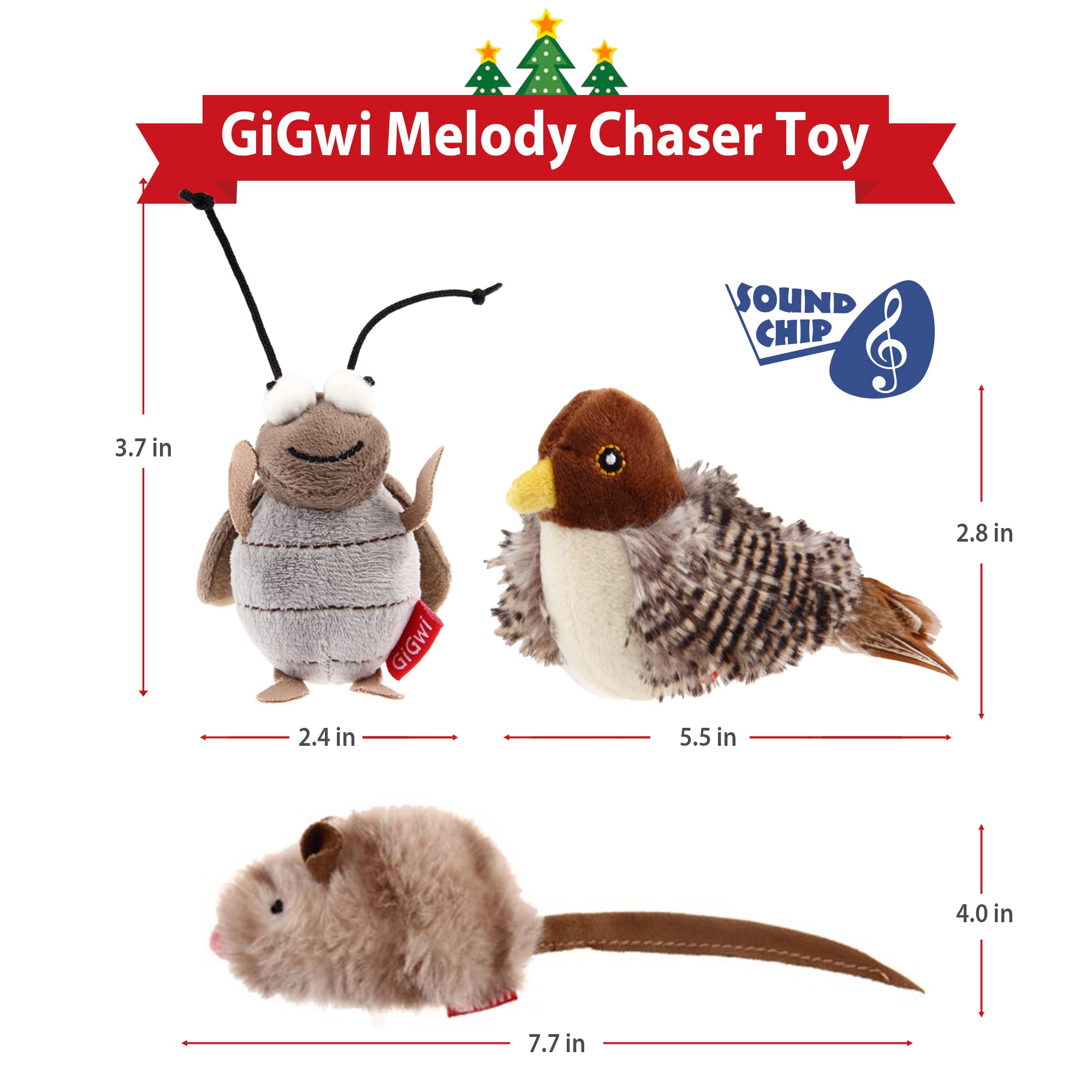 PETGEEK GiGwi Interaktives Katzenfederspielzeug, Melodie Chaser Chirpy Vogel & Maus Katzenspielzeug Plüschtiere für Katzen, Quietschen Katzenspielzeug für Indoor Katzen