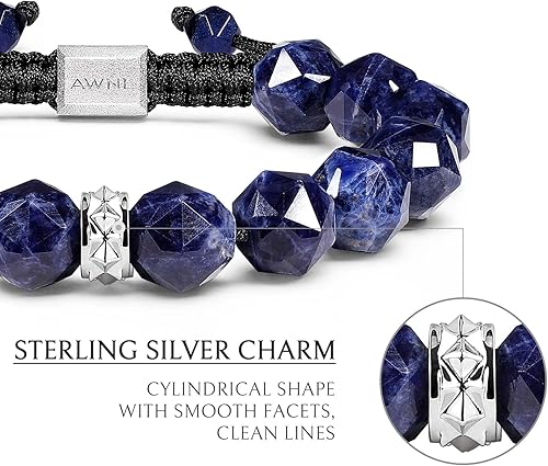 Miniatura 3 de AWNL Men's Beaded Bracelet with Sterling Silver Charm Adjustable Drawstring 10mm Sodalite Red Tiger's Eye Natural Gemstone, 5.9''-7.5''