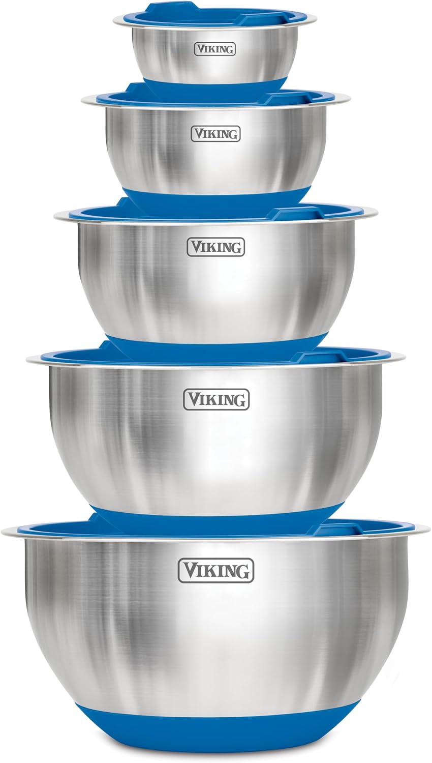Viking Mixing Bowls Set, 10 Piece Stainless Steel Kitchen Cookware, Non-Slip Silicone Base, Includes Tight Fit Lids, Dishwasher Safe, Teal Viking Mixing Bowls Set, 10 Piece Stainless Steel Kitchen Cookware, Non-Slip Silicone Base, Includes Tight Fit Lids, Dishwasher Safe, Teal