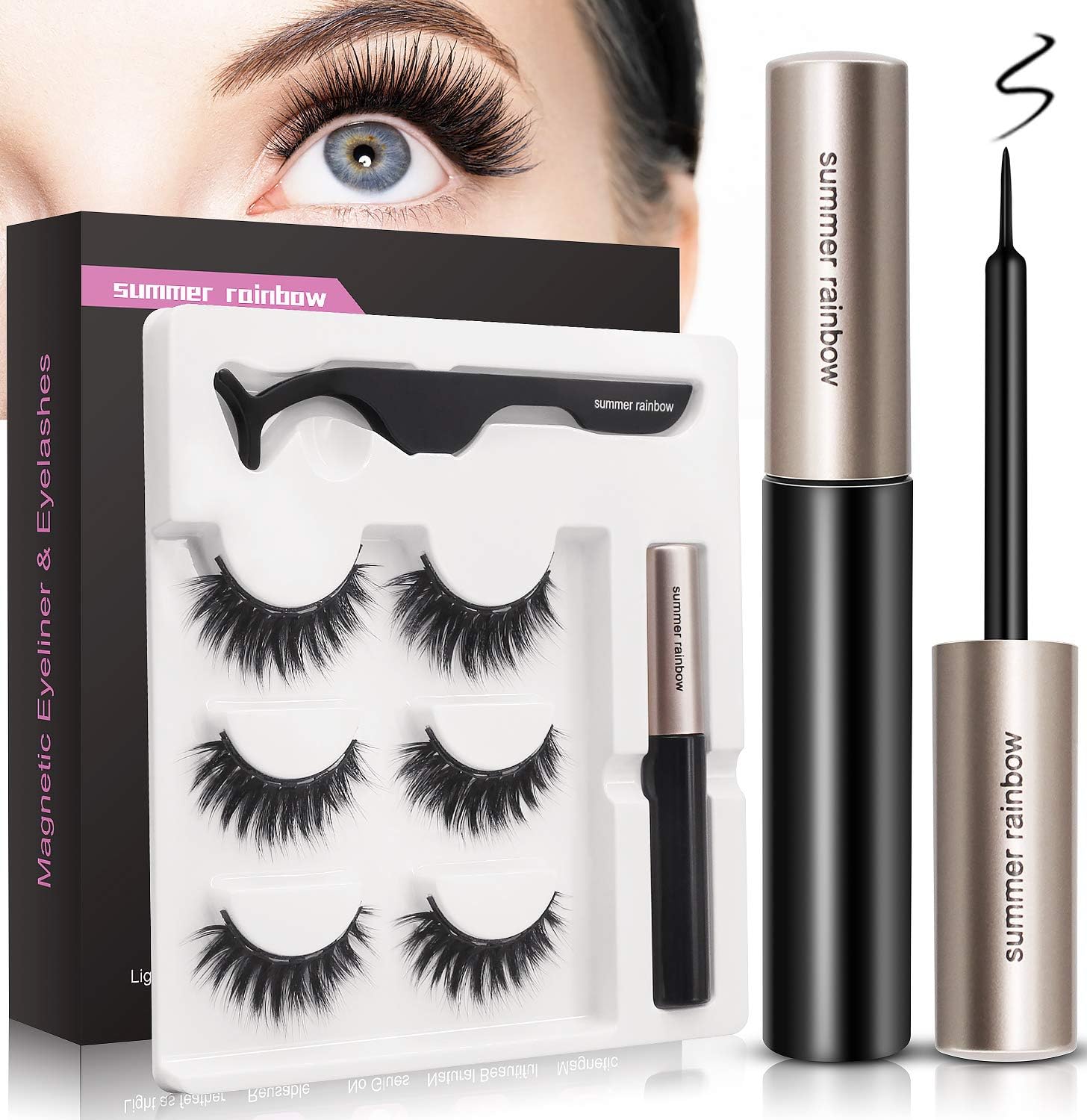 Magnetic Eyelashes with Eyeliner Kit, 3 Pairs Reusable Natural Looking Magnetic Lashes, Waterproof and Smudge Resistant, False Lashes with Tweezers, Easy to Wear