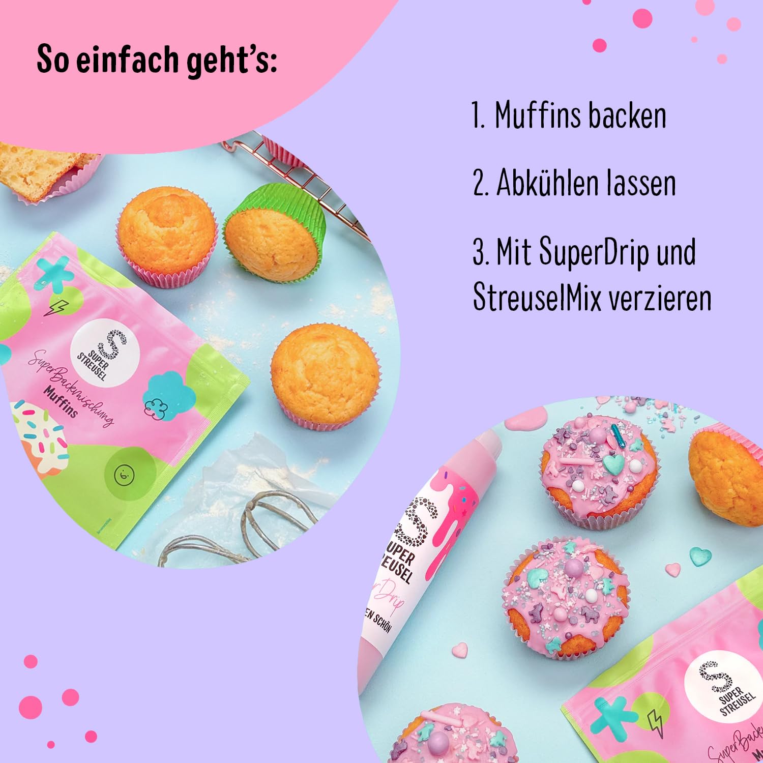Super Streusel Einhorn Muffin Backset – Muffin Backmischung + SuperDrip Rosa 300 g + EinhornParty Streusel 90 g