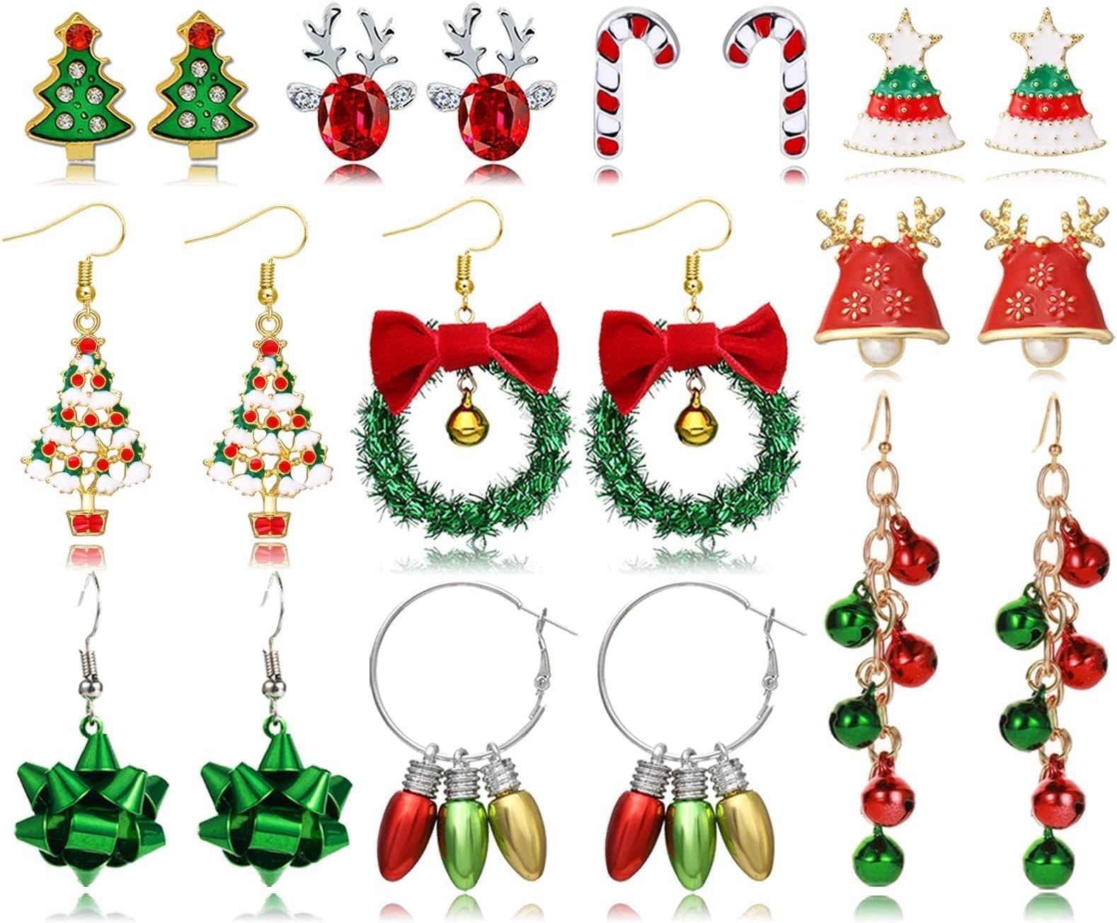 Tomovely Christmas Earring Set for Women 10 Pairs Holiday Earrings for women Bow Christmas Tree Snowflake Santa Candy Deer Stud Earrings Christmas Earrings Bulk Christmas Jewelry for Gift
