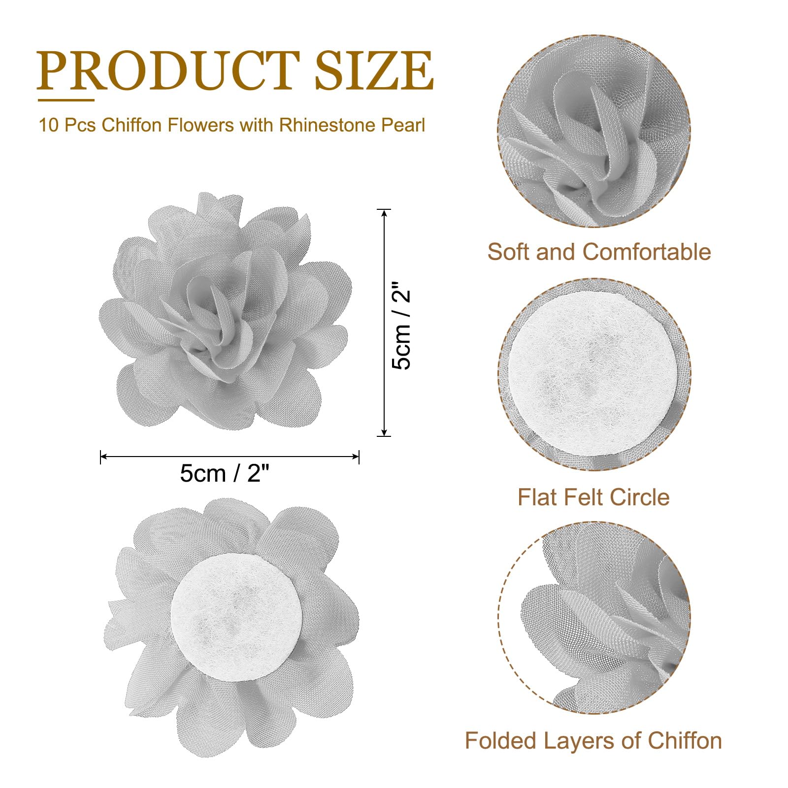 PATIKIL 2" Chiffon Flowers, 10 Pcs Mesh Fabric Flowers Sewing Fabric Appliques Headband Embellishments for DIY Craft Wedding Decor Gray - Image 2