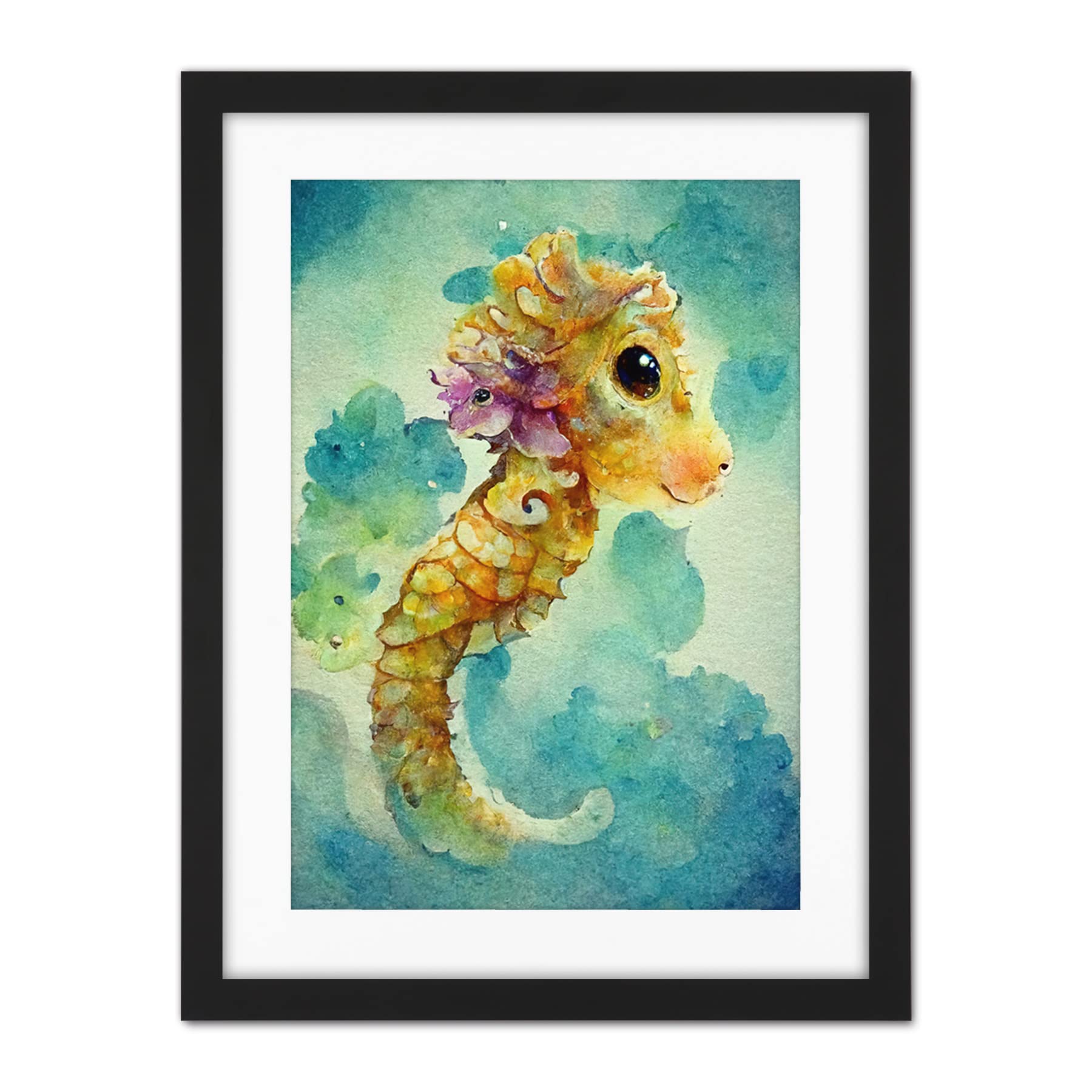 Doppelganger33 LTD Cute Baby Seahorse Kids Bedroom Watercolour Illustration Artwork Framed Wall Art Print 18X24 Inch