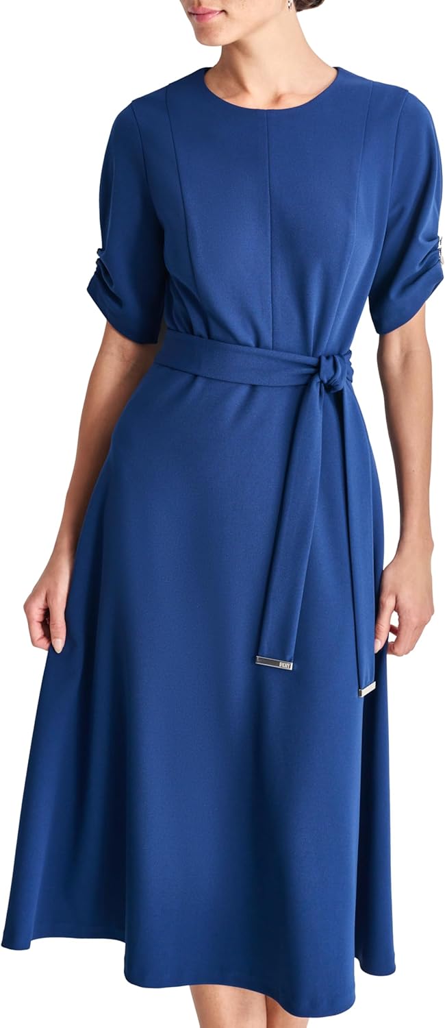 DKNY Womens Short Ruched Sleeve Jewel Neck Midi Dress with Removable Belt