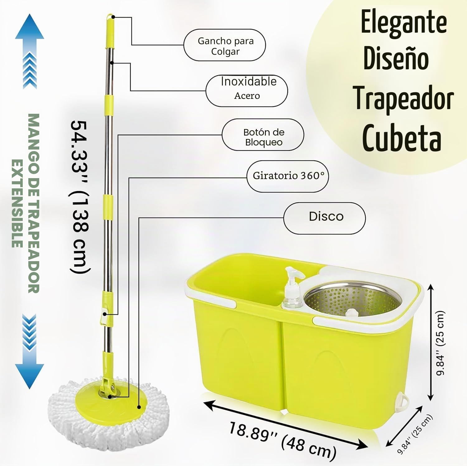 ARSUK Fregona y Cubo con Escurridor Automático, Mopa Giratoria 360° con Doble Compartimento, Fregar para Limpieza del Hogar, con Ruedas, Palo Extensible de Acero Inoxidable