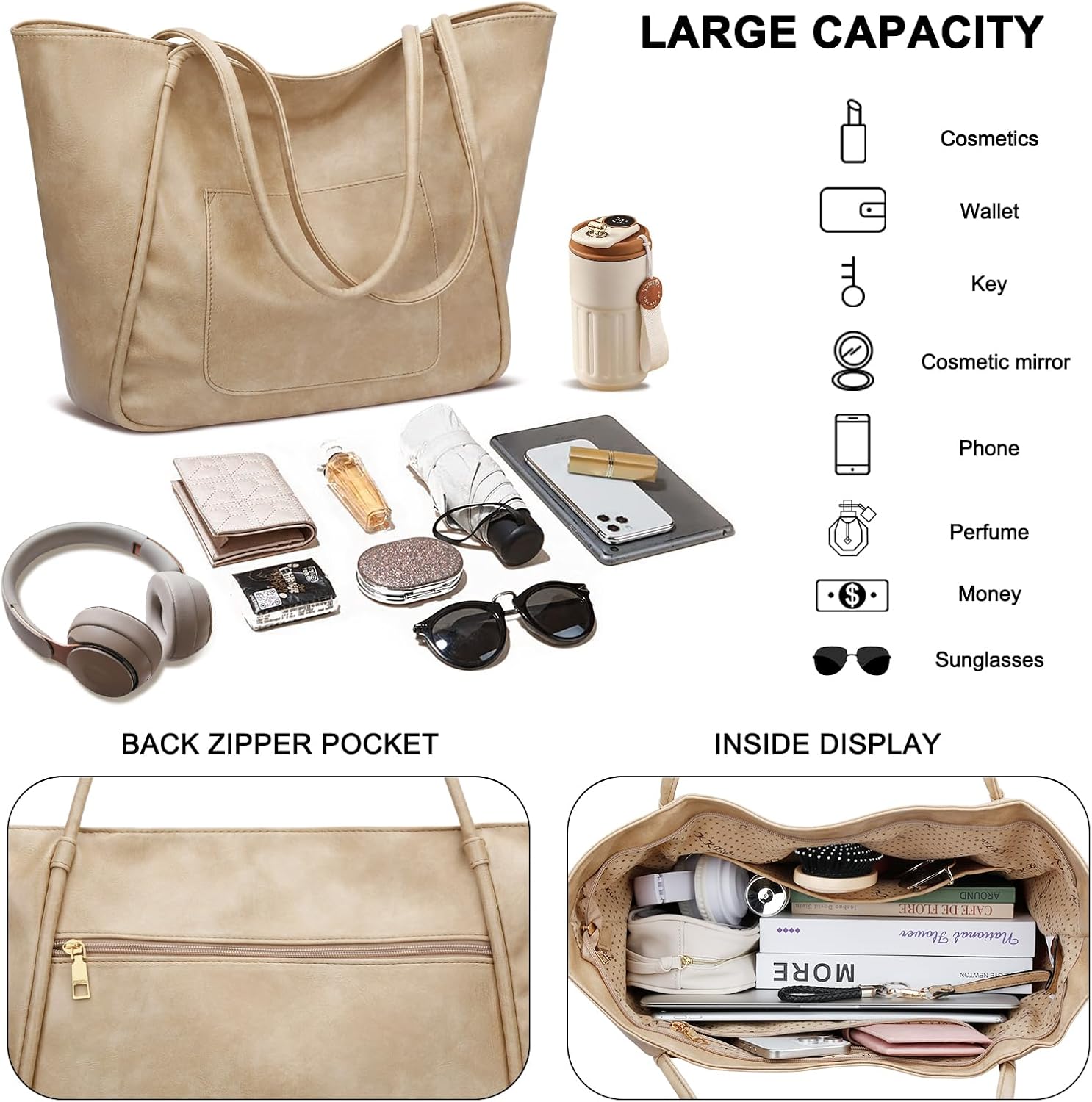 KKXIU Large Tote Bag for Women with Zipper Work Leather Travel Purse and Handbags - Image 4