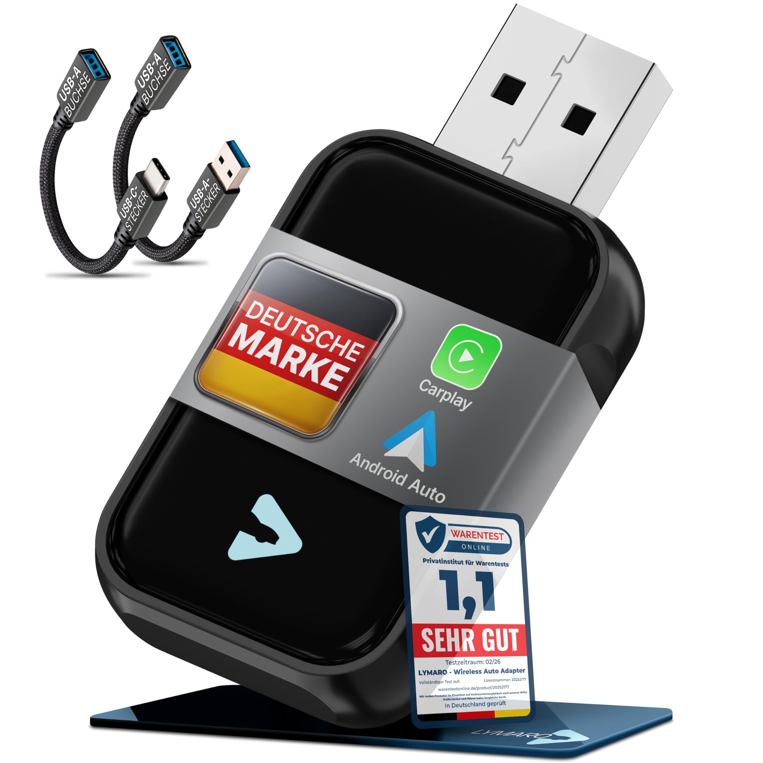 Carplay Wireless Adapter & Android Wireless Adapter fürs Auto – USB-A Plug & Play Nachrüstadapter, Upgrade auf kabelloses Apple CarPlay & Android Auto (Black)