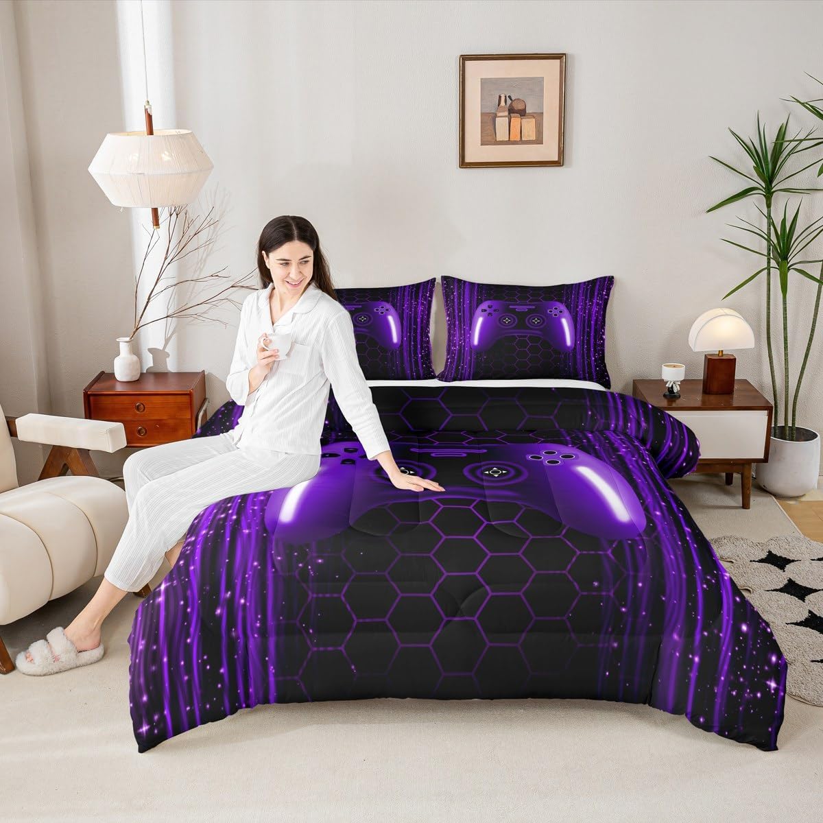 Erosebridal Kids Gamer Toddler Bedding Set for Boys Bedroom Neon Lights Dull Purple Gaming Comforter Set for Kids Teens Game Console Quilt Striped Honeycomb Hexagon Comforter Geometric Duvet Insert