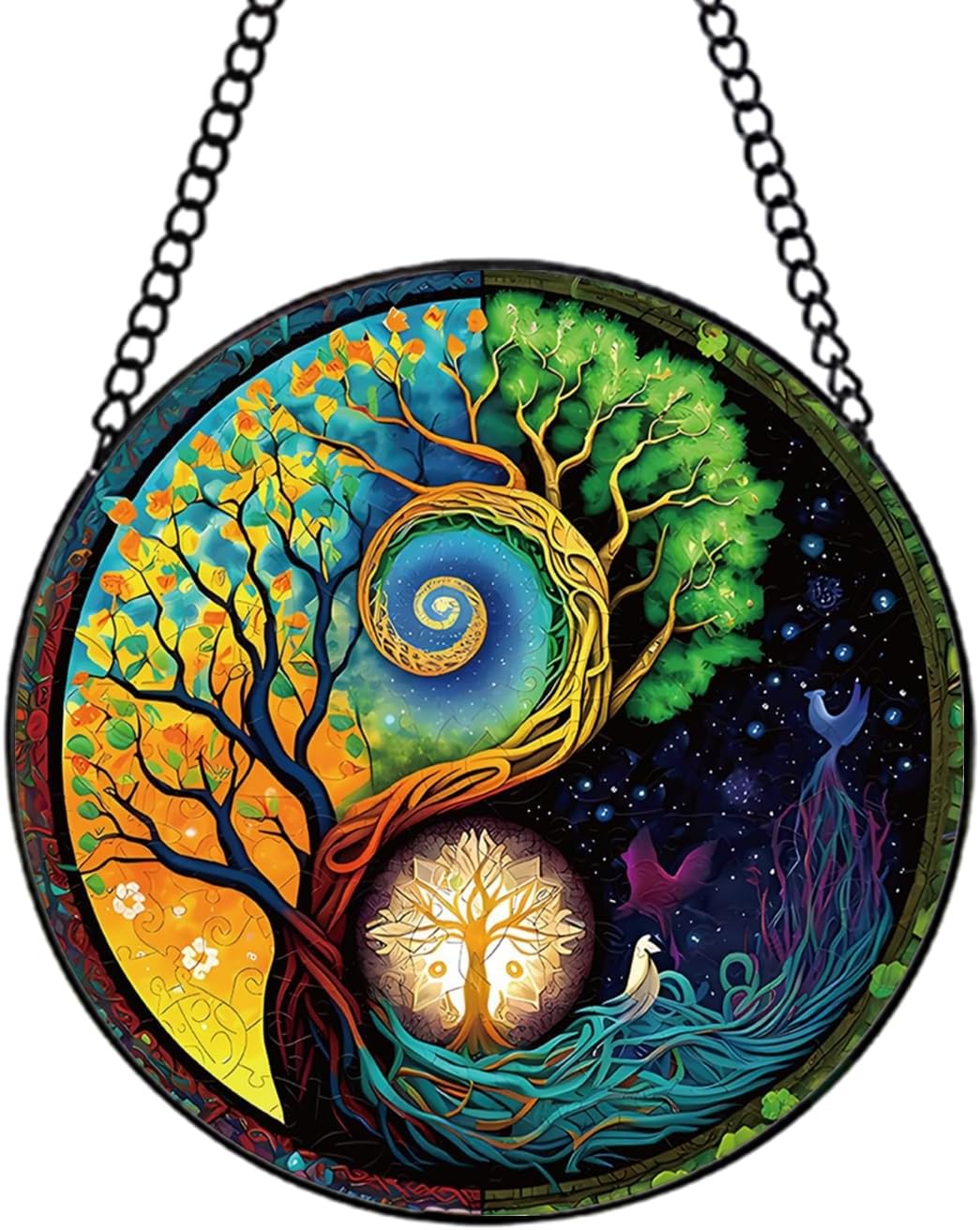 Hand-Painted Stained Glass Sun Catcher with Tree of Life Designs - 7.8'' Window Hanging for Indoor/Outdoor Decor, Big Tree Suncatcher Glass Panel Wall Art Decor, Gifts for Women (tree-03)
