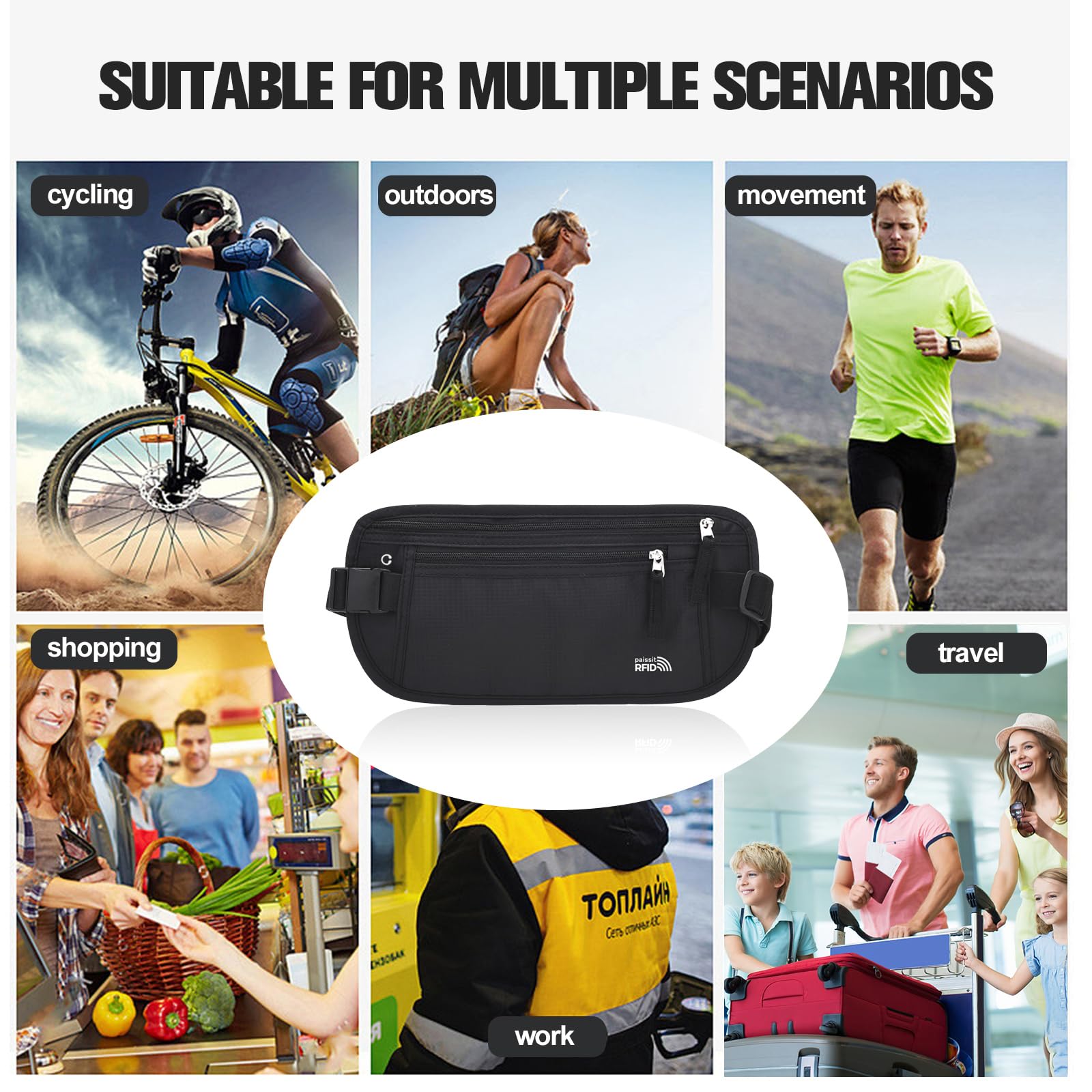 Unisex-Geldgürtel für Damen und Herren, schlanke Reisepasshülle, RFID-blockierend, Reisetasche mit verstellbarem Gurt, kleine Hüfttasche für Workout, Laufen, Reisen, Wandern, Schwarz