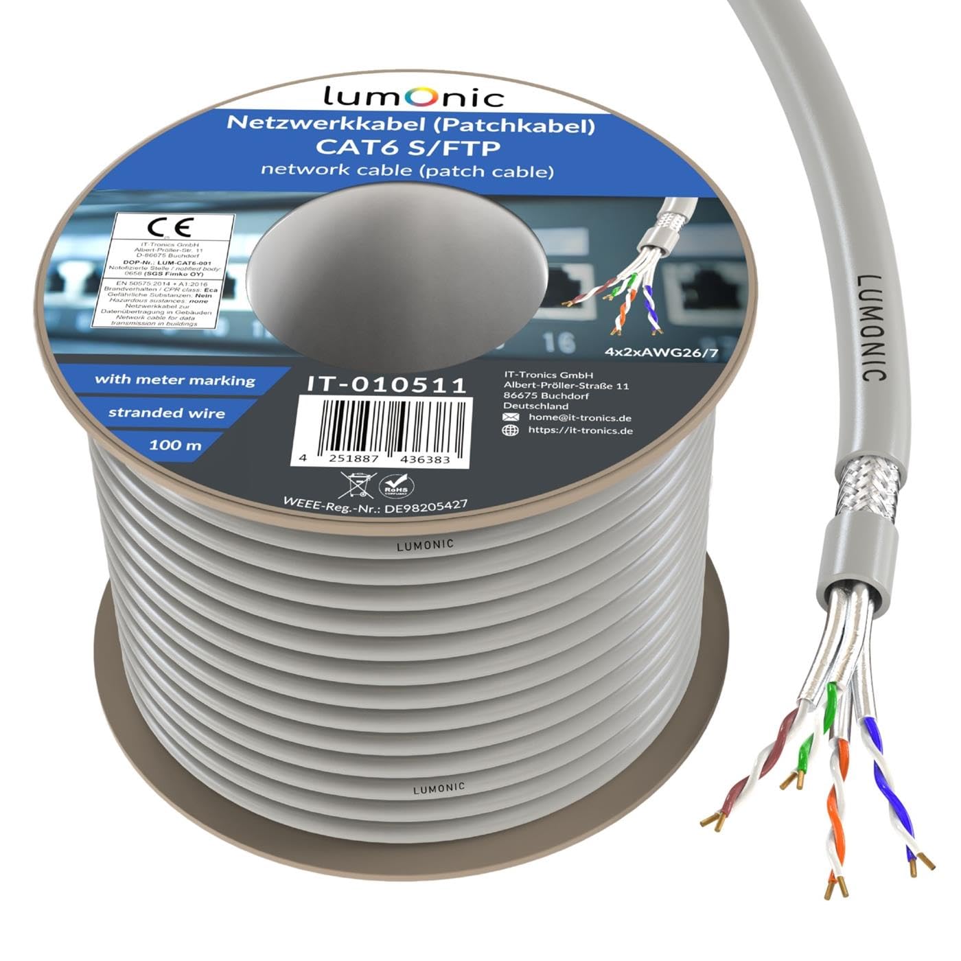 Lumonic LAN Câble de réseau 100m | LAN Câble CAT6 S/FTP | Câble Patch 4x 2x AWG26/7 (échoué) | 250MHz 10 Gbit/s Ethernet