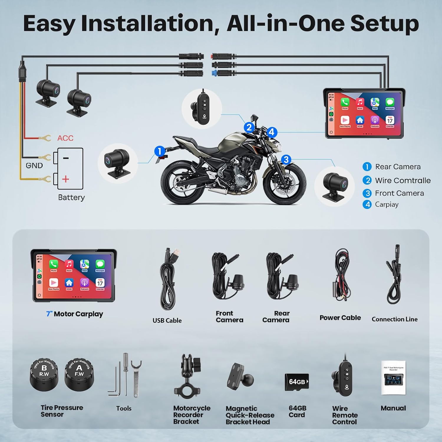 WonVon Motorcycle CarPlay Screen with Android Auto – 7” Waterproof GPS, Pantalla para Moto, Apple CarPlay, Navigation System for Motorcycle, Dual 2K Dash Cam Bluetooth Audio,64GB&TPMS with Magnetic 10 71GQ3ZfJ4eL. AC SL1500