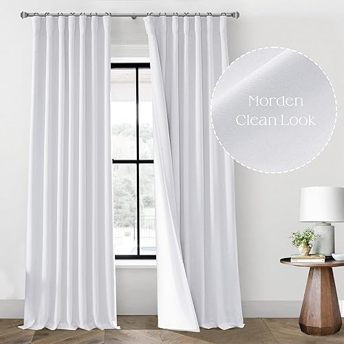 Miniatura 8 de PANELSBURG Cortinas opacas de lino blanco de 102 pulgadas de largo para sala de estar, juego de 2 paneles plisados con pestaña trasera, cortinas