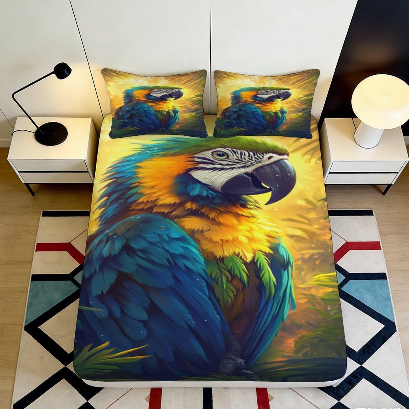 3D Printed Parrot Fitted Sheet Microfiber Elastic Hem for Adults Bedroom Bedding Parrot Mattress Fitted Cover Deep Pocket Washable 180x200x25cm