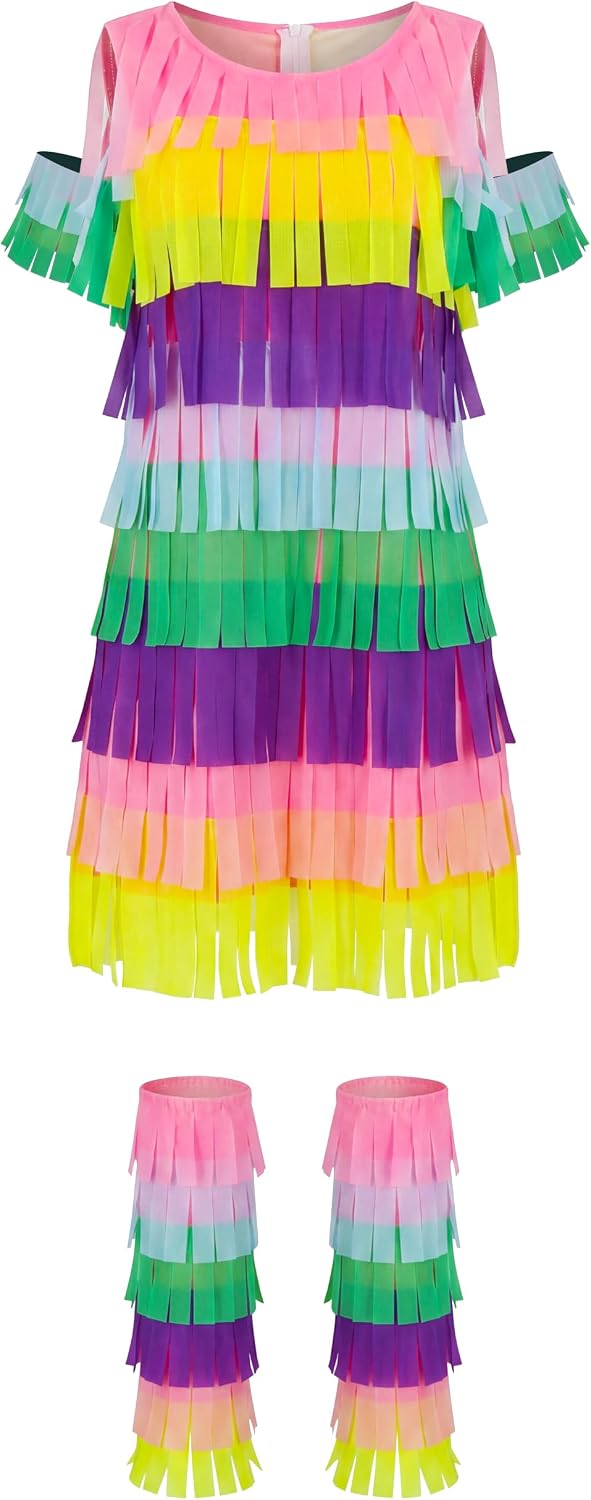 PAINEOMN Pinata Costume Women Multicolor Fringed Dress with Horn Headband Leg Sleeves Earrings Halloween Funny Cosplay Dress image 5