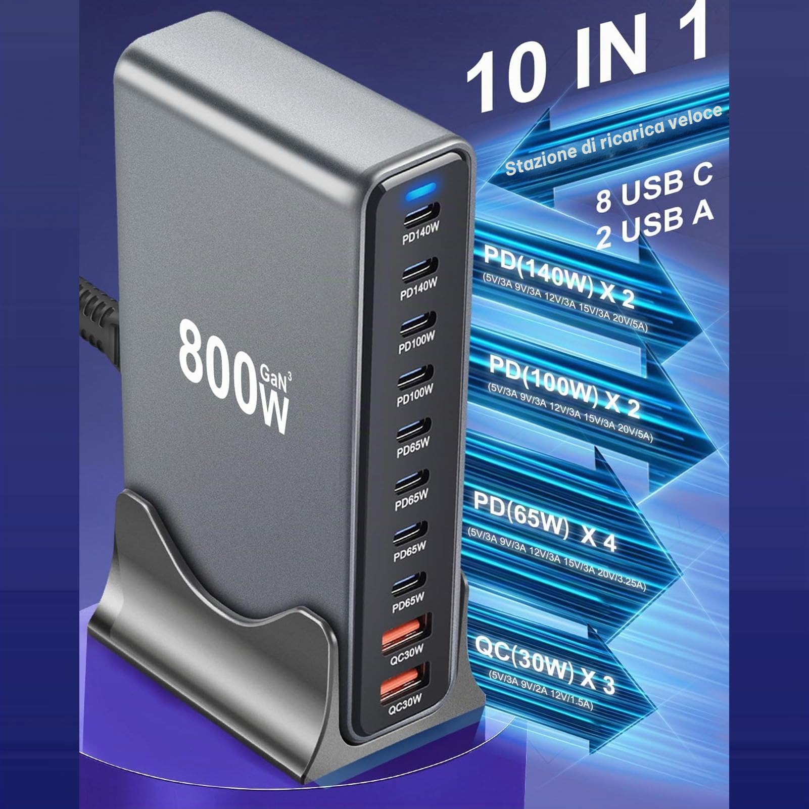 Tosuny Blocco Caricabatterie USB C da 1000 W, Stazione di Ricarica USB C a 10 Porte per Dispositivi Multipli, Adattatore di Ricarica Rapida GaN III Pro PD PPS per Smartphone (10 Ports)