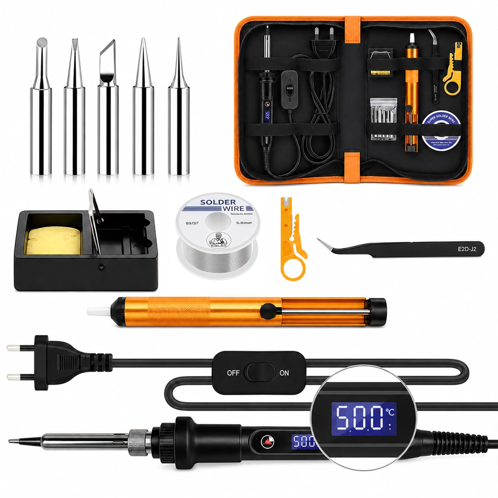 Kit de soldador profesional de 80 W, temperatura ajustable de 180 °C a 500 °C con pantalla LCD, interruptor de encendido/apagado