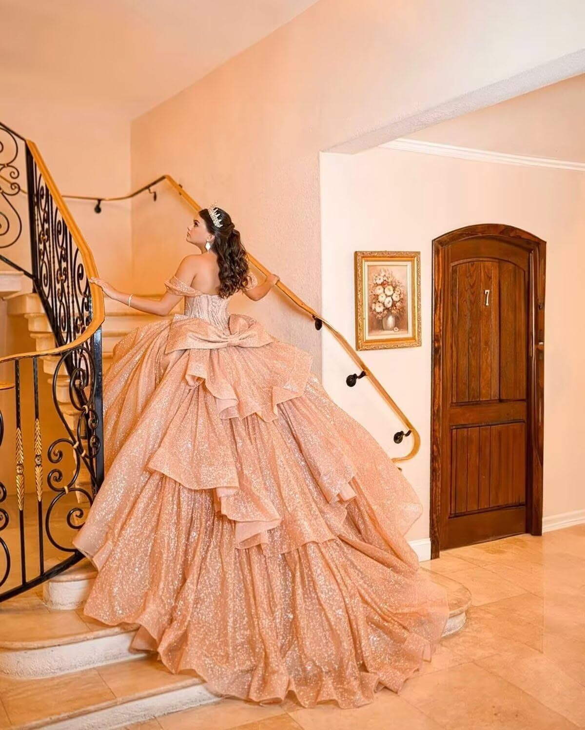 Tulle Quinceanera Dresses Off Shoulder Ball Gown with Bow Sparkly Sweet 16 Dress